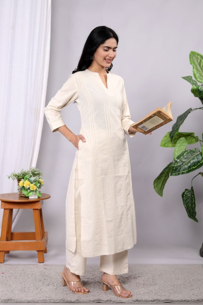 White Kurta Pant Set (Flax Cotton Linen )