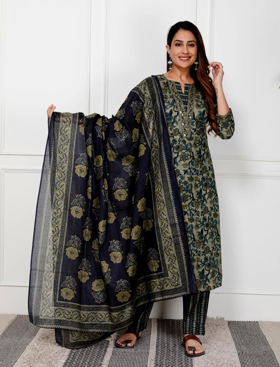 Dark Green With Floral Print Kurti Pant And Dupatta Set