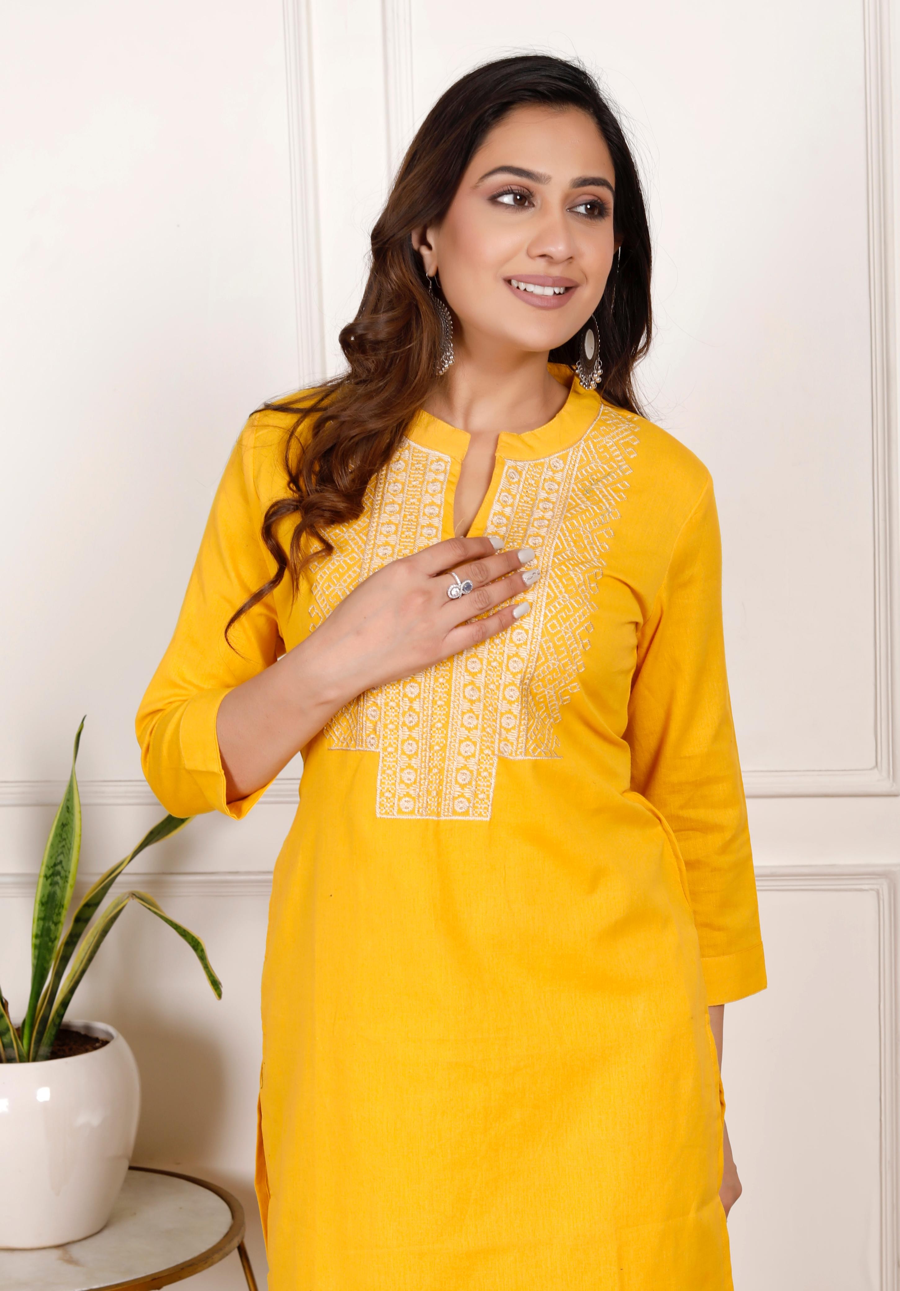 Cotton Flex Embroidered Kurta Pant Set – Yellow