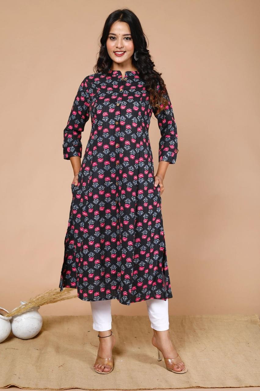 Woman Black With Pink Floral Print A Line Kurta