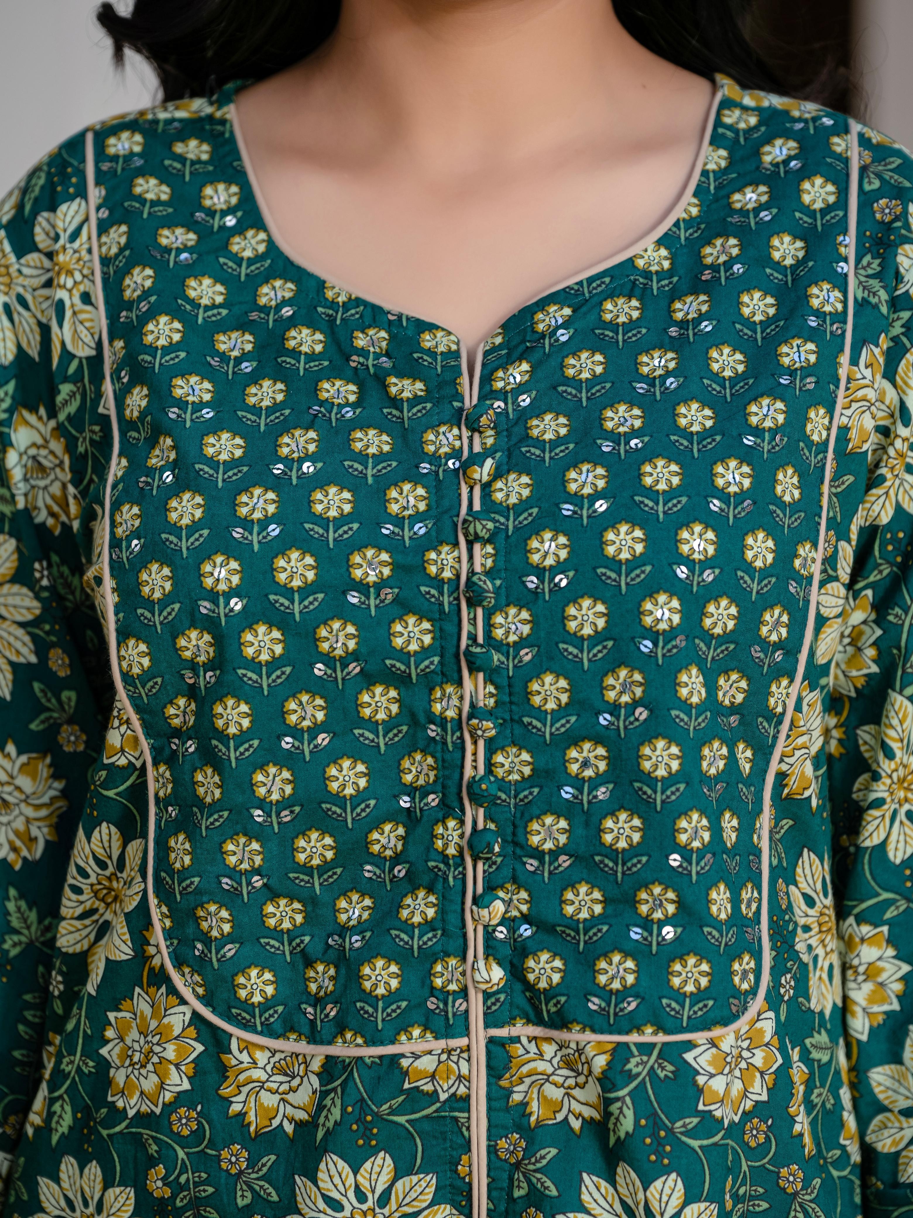 Green Floral Printed A-line Kurta Set - Soft & Elegant