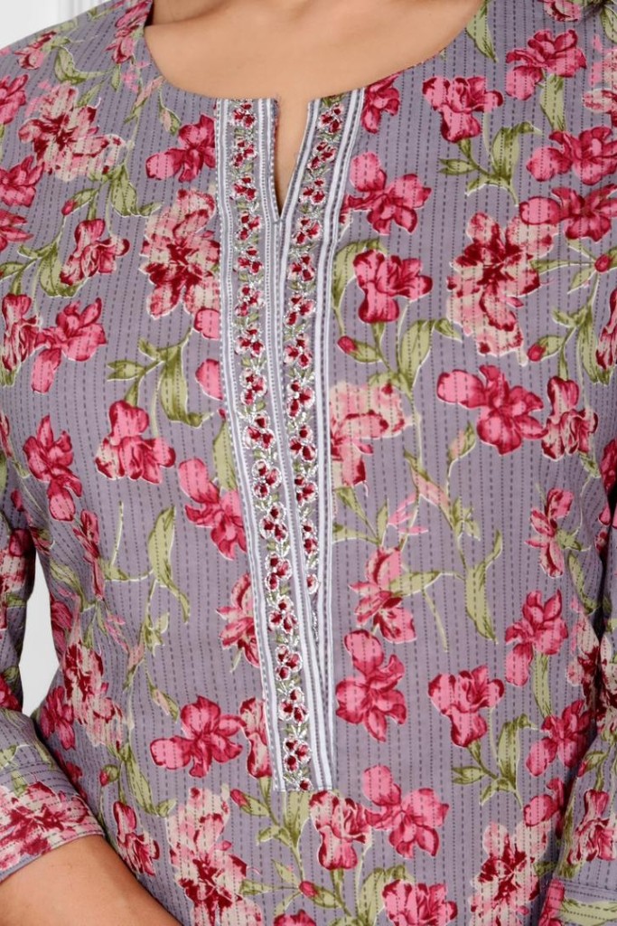 Gray With Pink Floral Print  Kurta Pant Dupatta Set