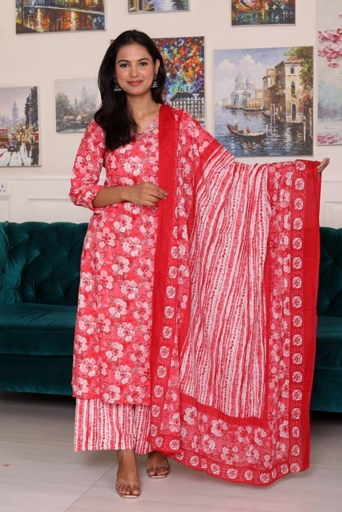 Red-With-White-Floral-Print-Kurta-Palazzo-And-Dupatta Set