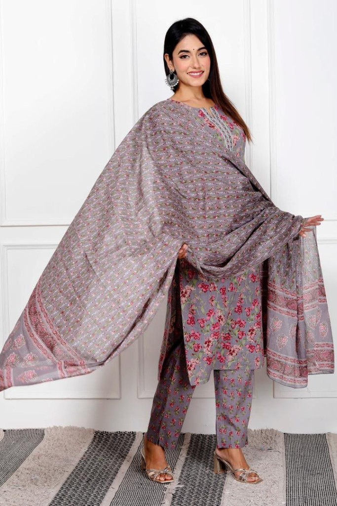 Gray With Pink Floral Print  Kurta Pant Dupatta Set
