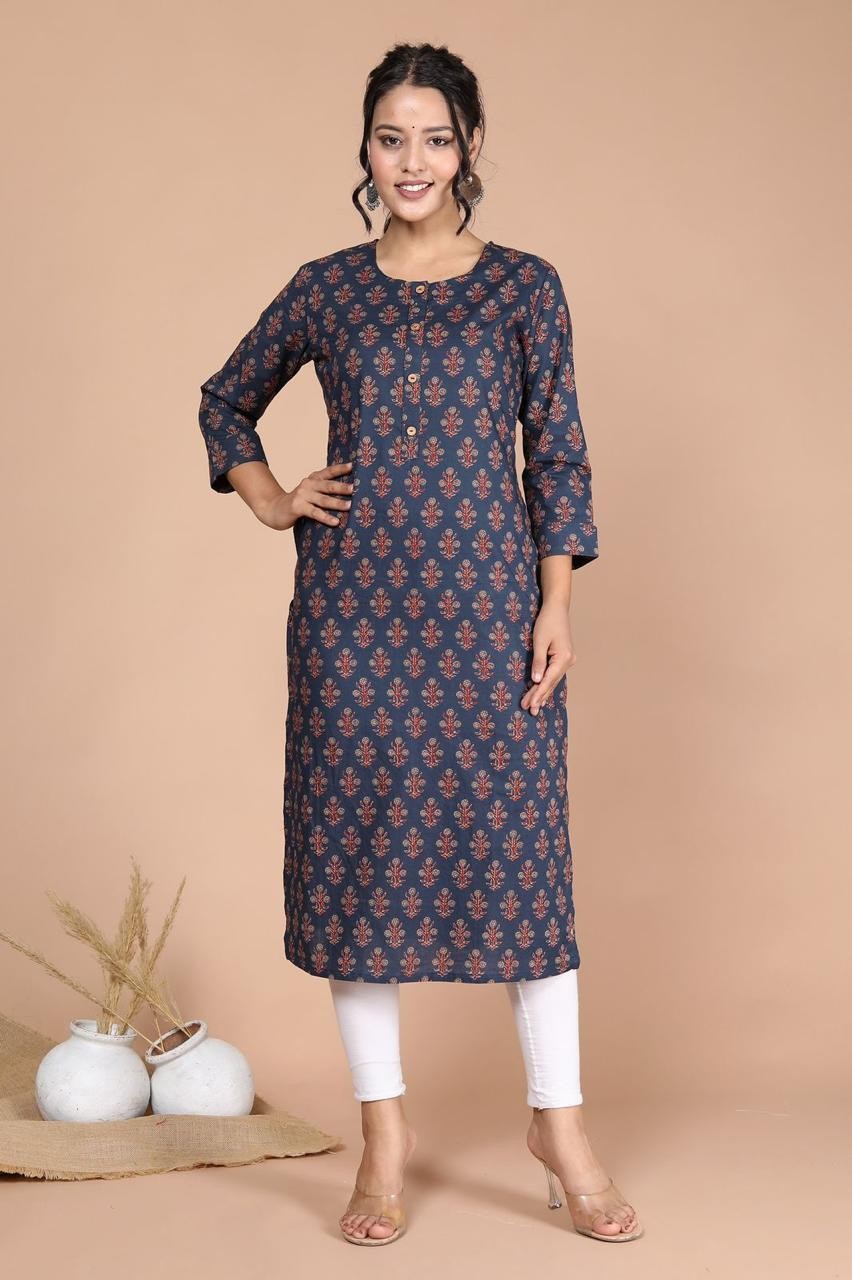 Woman navy blue floral print Kurta