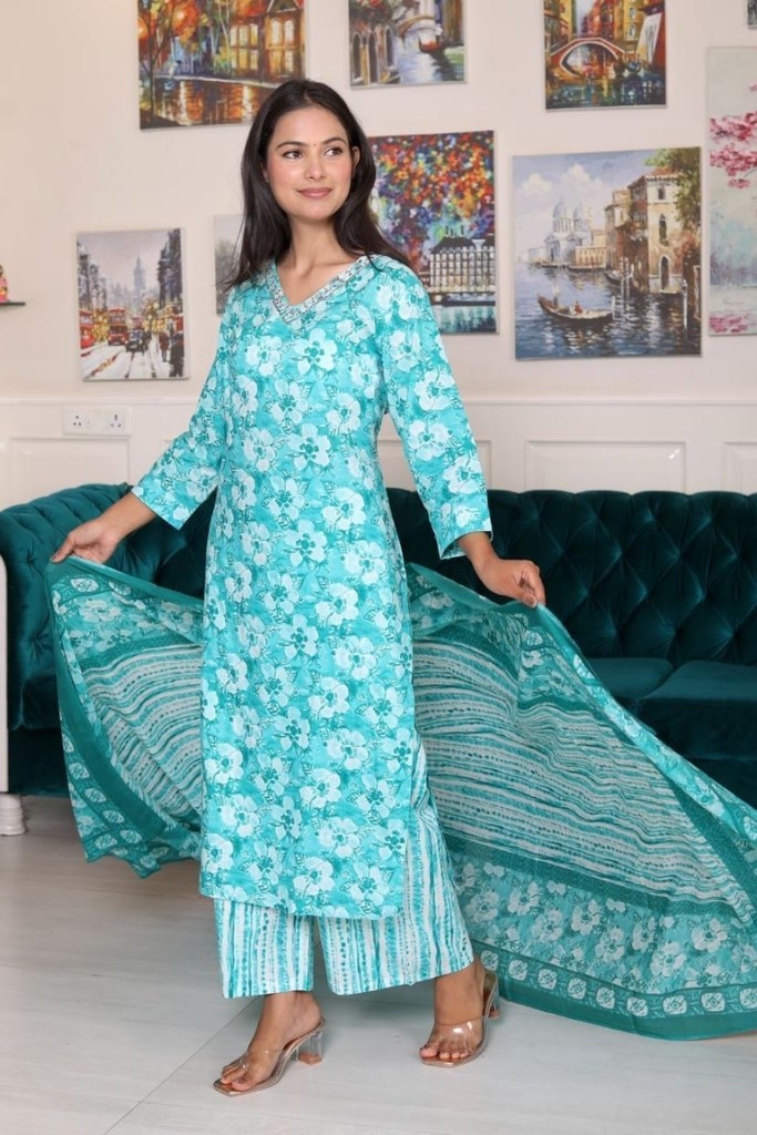 New Sky Blue Kurta Palazzo And Dupatta Set