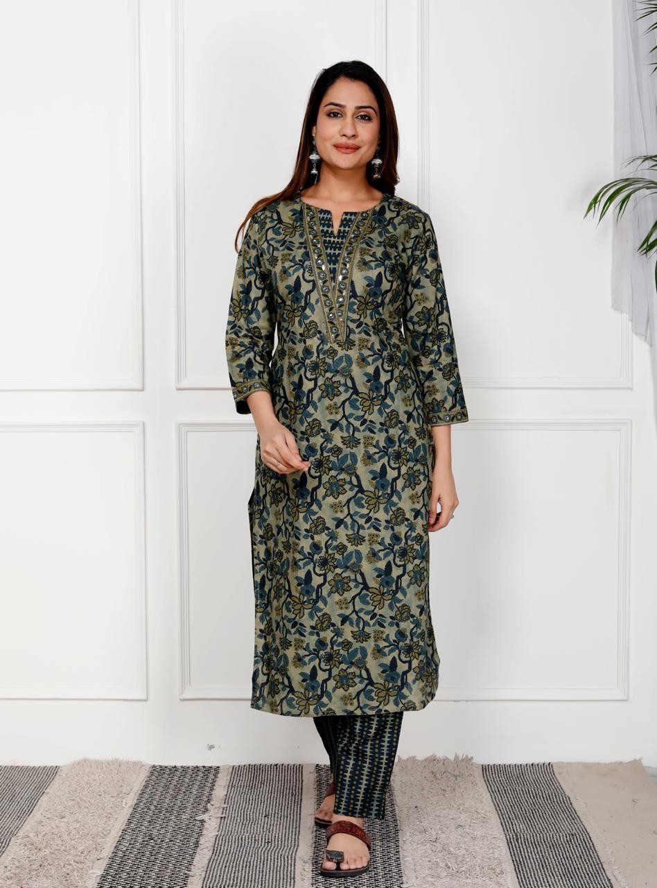 Dark Green With Floral Print Kurti Pant And Dupatta Set