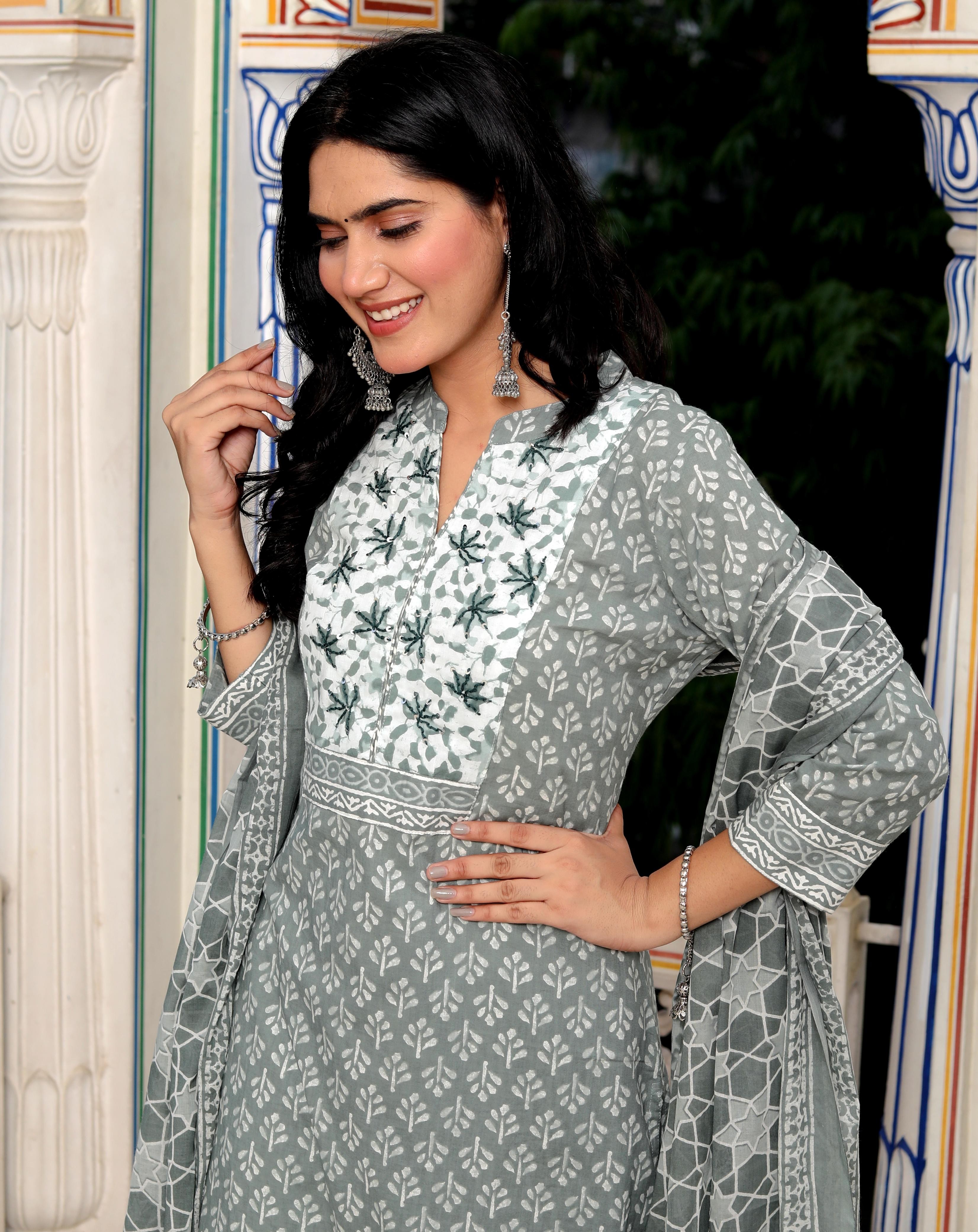 Dark Green Geometric Block Print kurti Pant And Dupatta Set