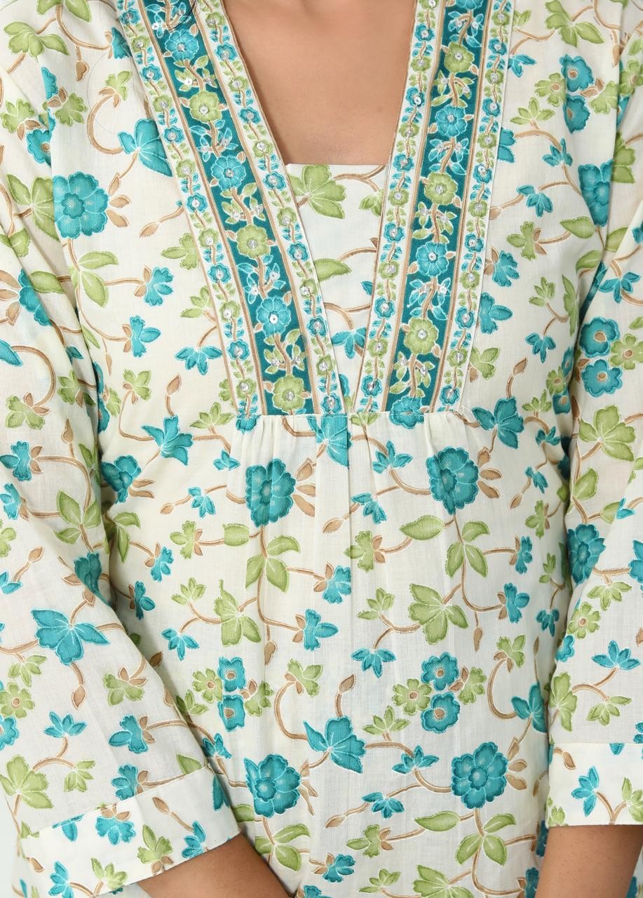 Sky Blue With Green Floral Print Kurti Pant And Dupatta Set