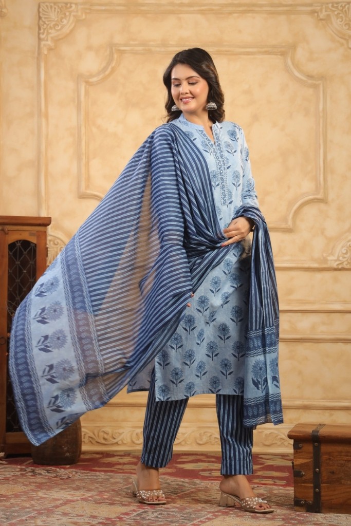 Light Blue Printed Kurta Pant And Dupatta