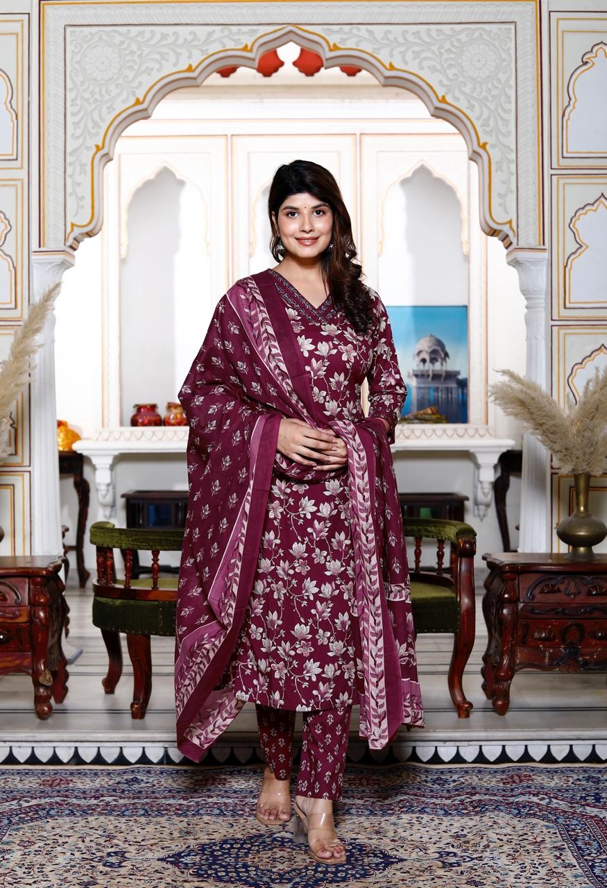 Premium Designer Maroon Printed Kurta Pant with Dupatta set