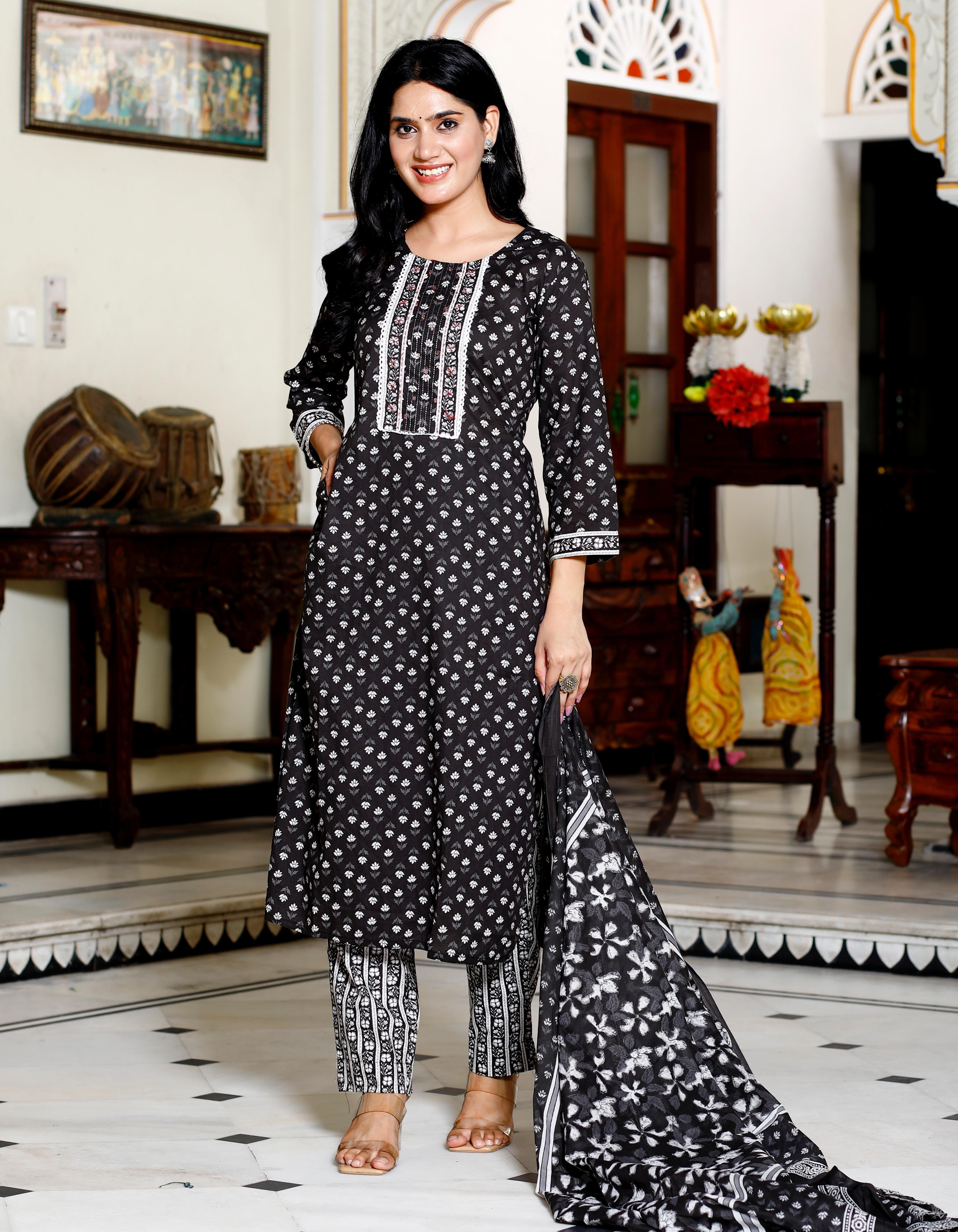 Women's Black & White Cotton Kurta with Pant and Dupatta Set