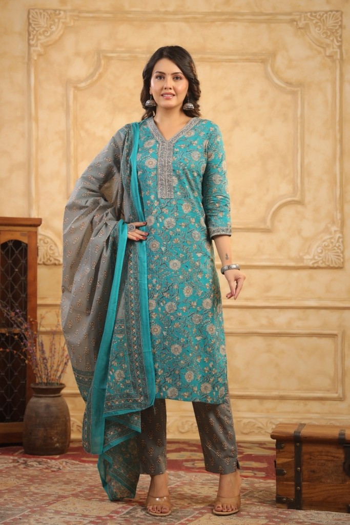 Sky Blue With Gray Kurta Pant And Dupatta