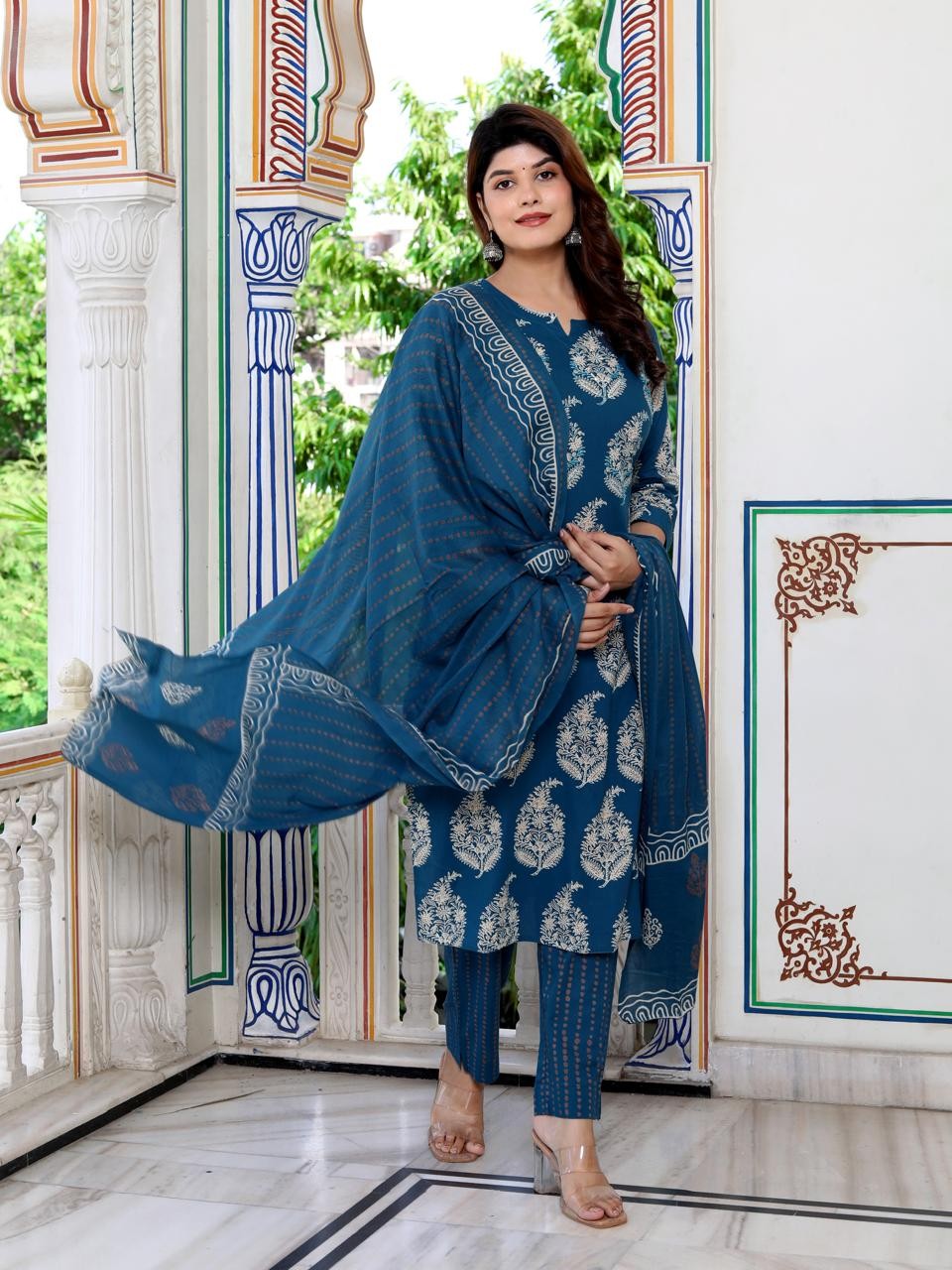 Blue Floral Print Straight Kurta Pant Dupatta Set