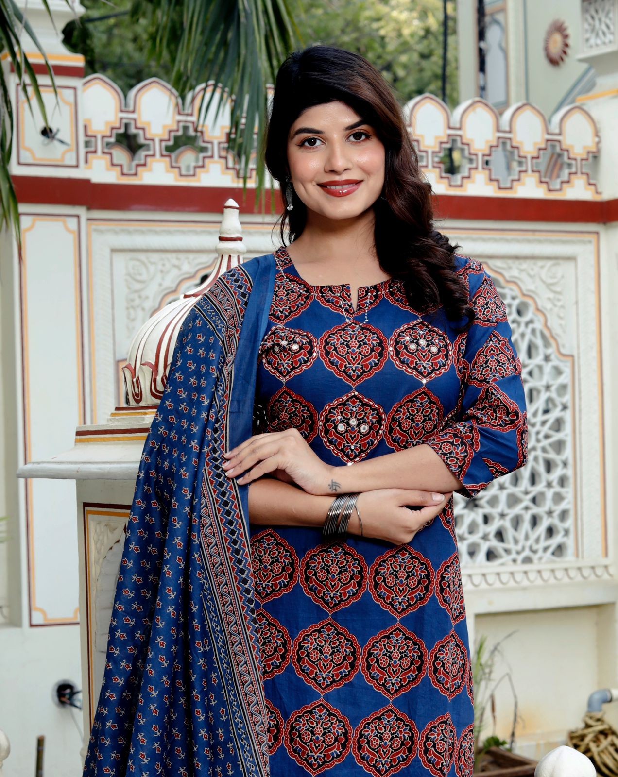 Women Trending Cotton New Ajrakh Printed Blue  Kurta Set