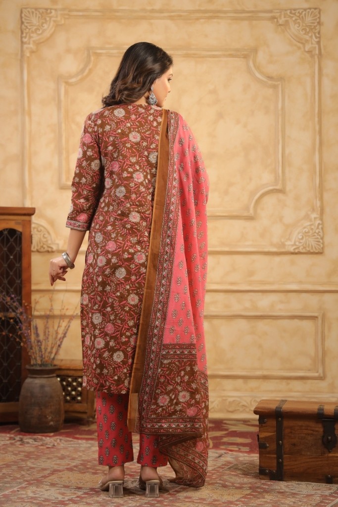 Brown With Pink Kurta Pant And Dupatta