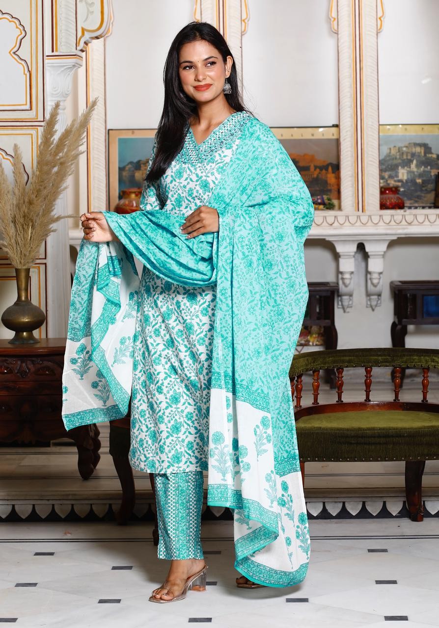 Green And White Floral Print Kurta Pant and dupatta set