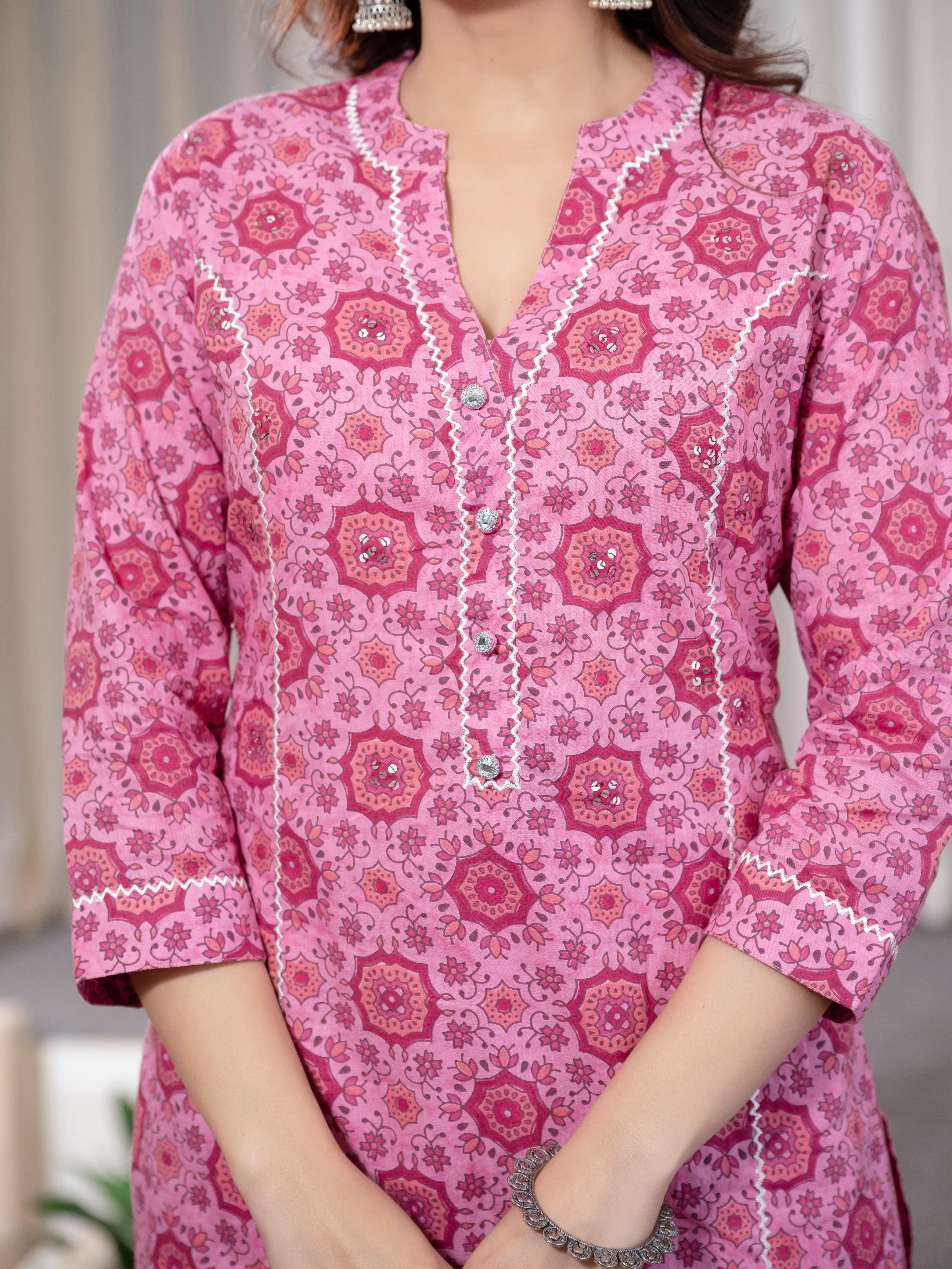 Cotton Summer Pink Kurti Pant And Dupatta Set