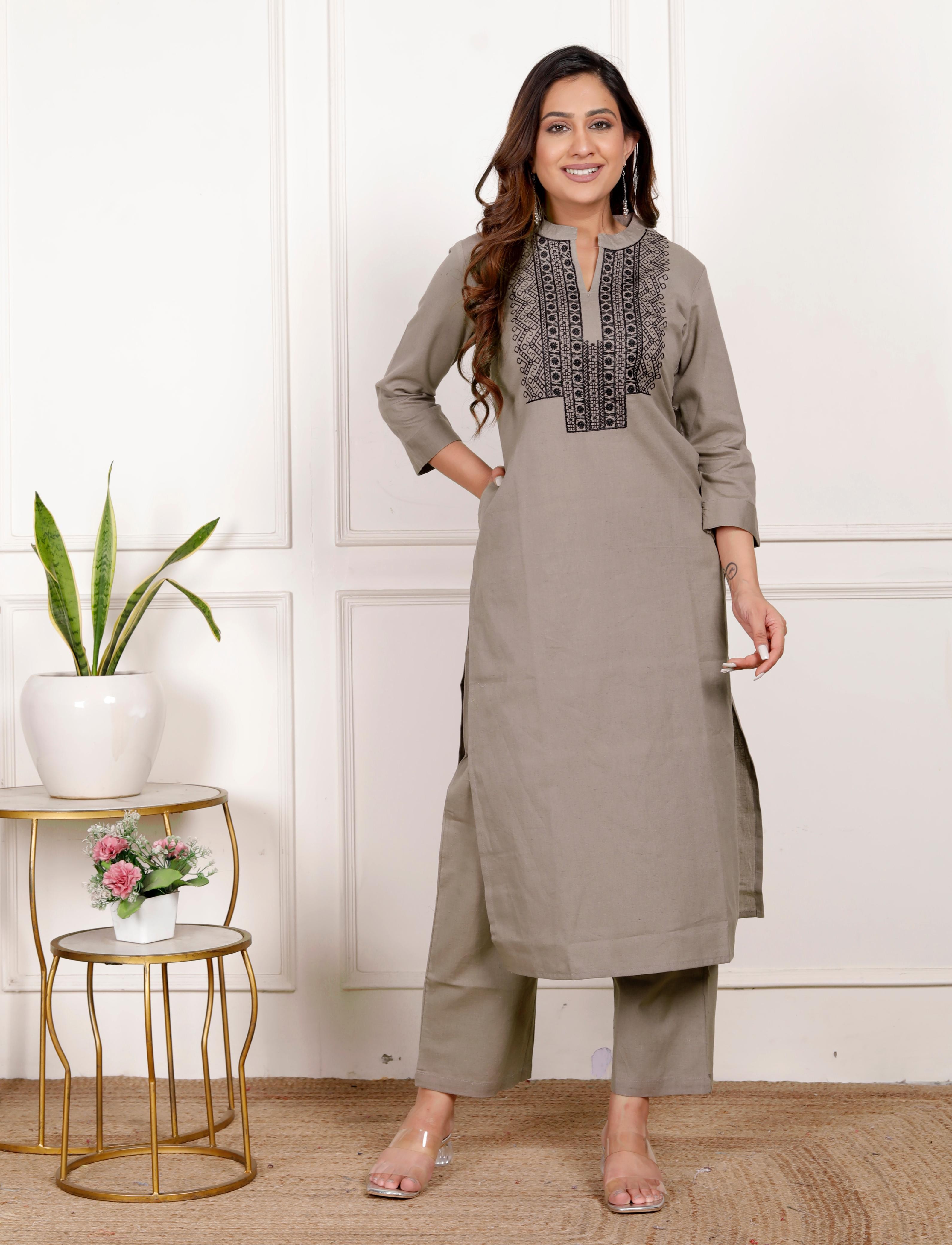 Elegant Cotton Flex Kurta Pant Set-Grey