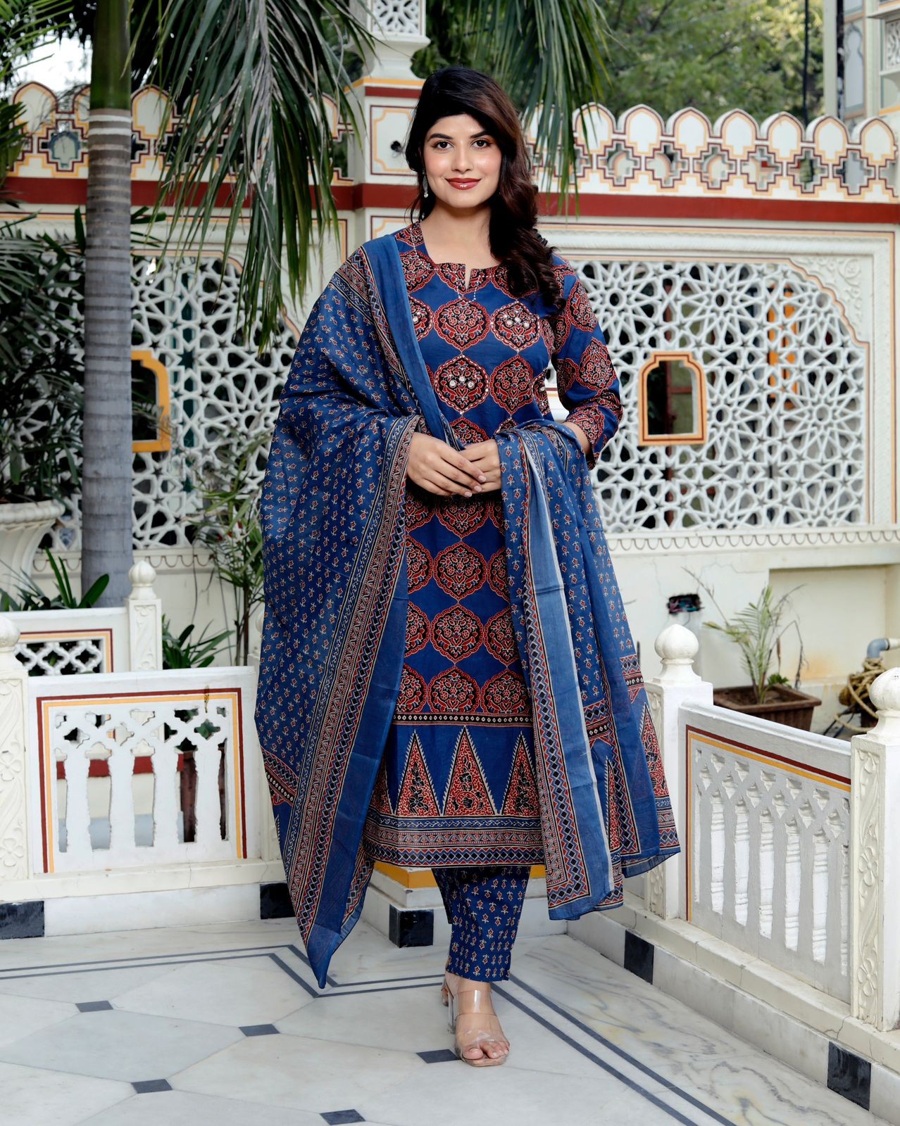 Women Trending Cotton New Ajrakh Printed Blue  Kurta Set