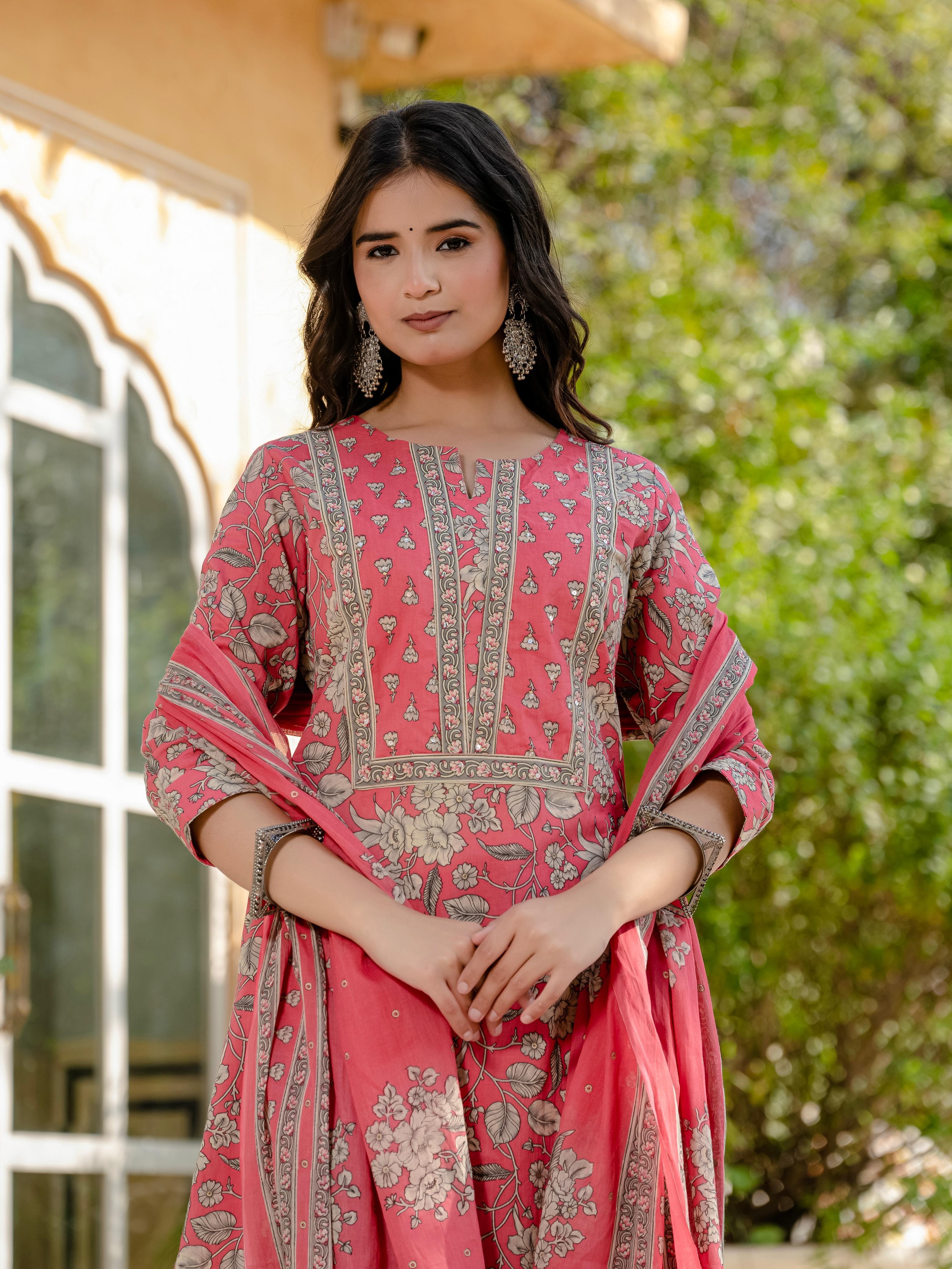 New beautiful Peach With Floral Print Kurti Pant And Dupatta set