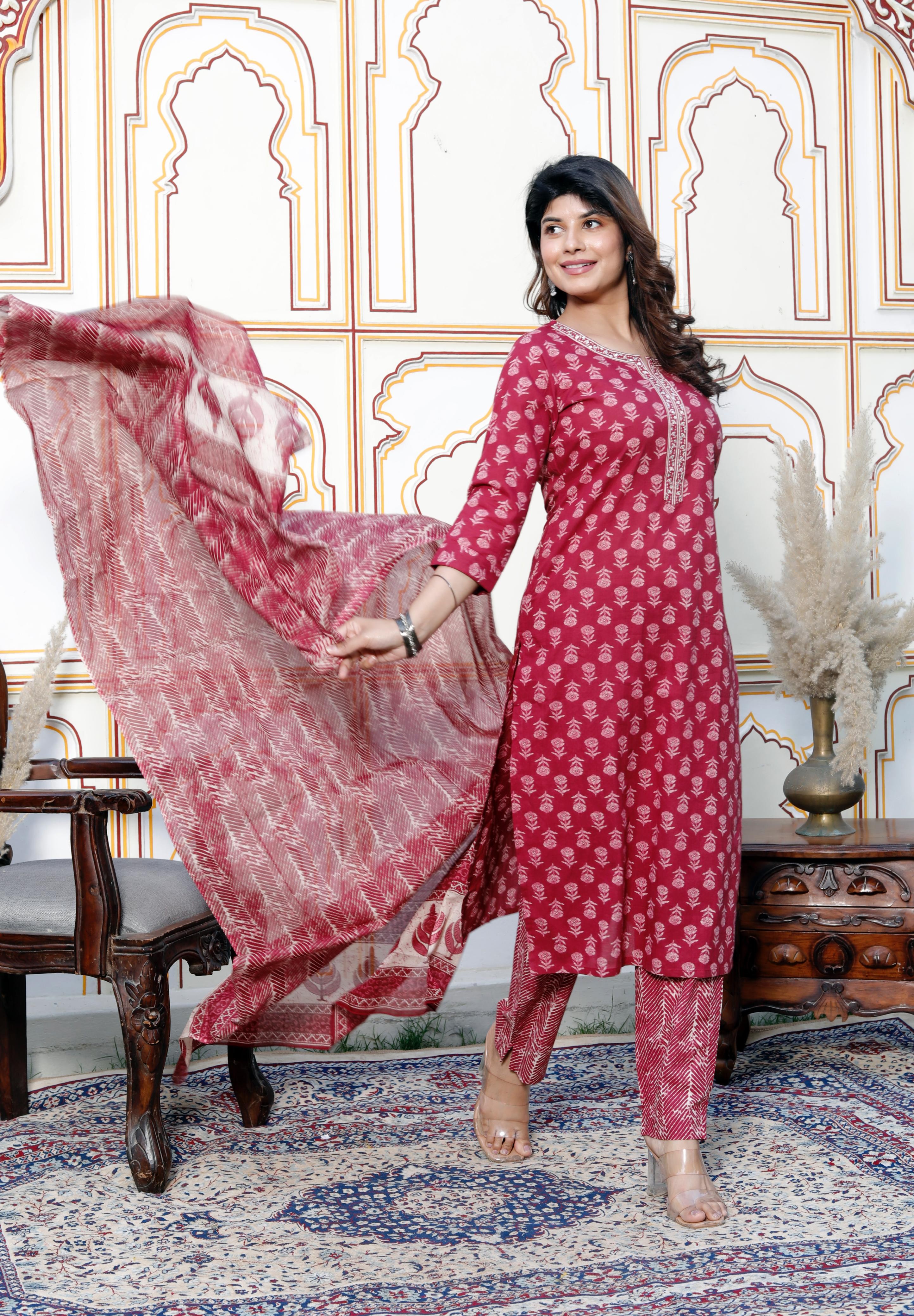 Maroon Floral Print Cotton Suit – Elegant & Comfortable