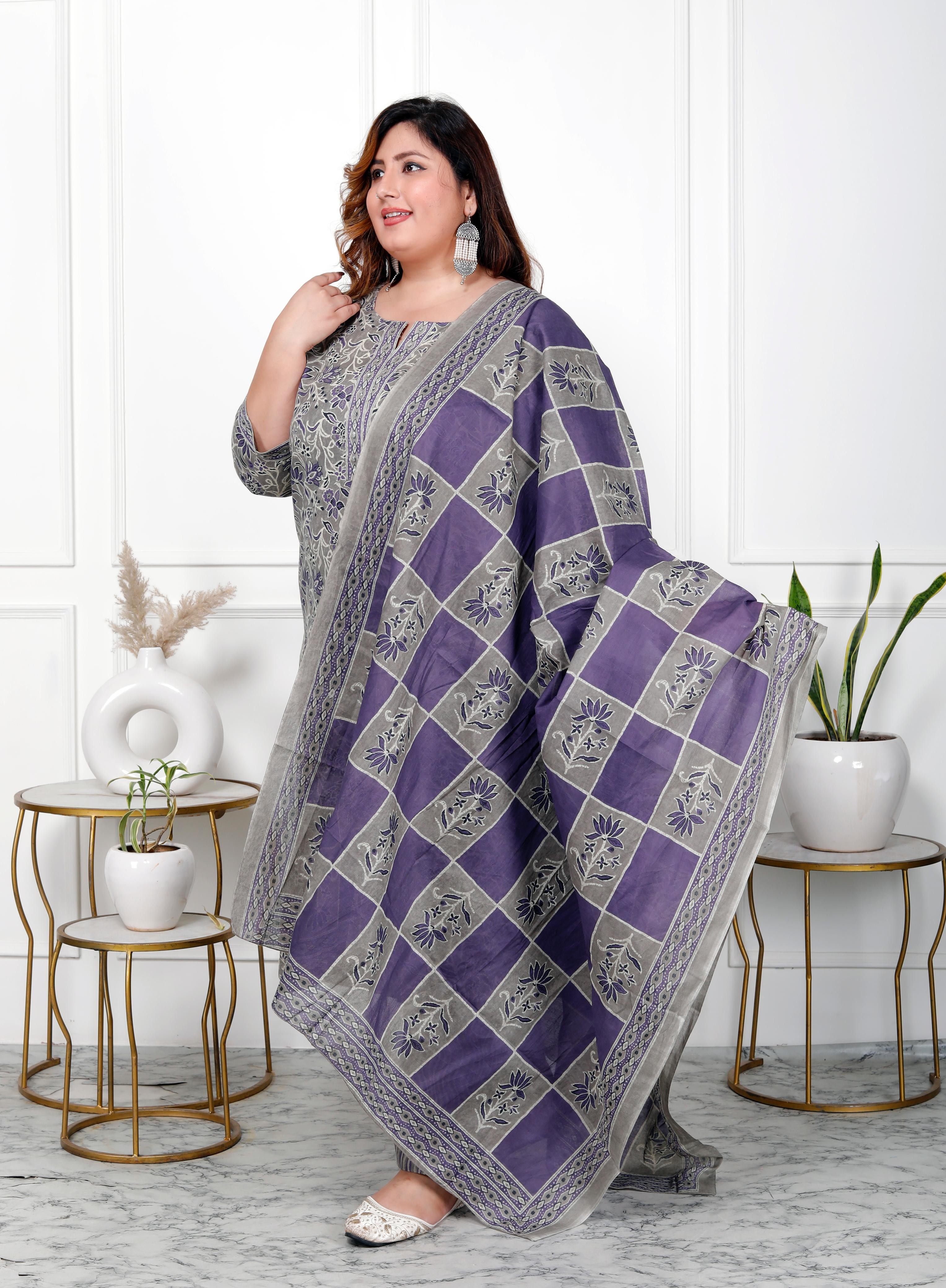 Purple With Gray kurti Pant And Dupatta Set