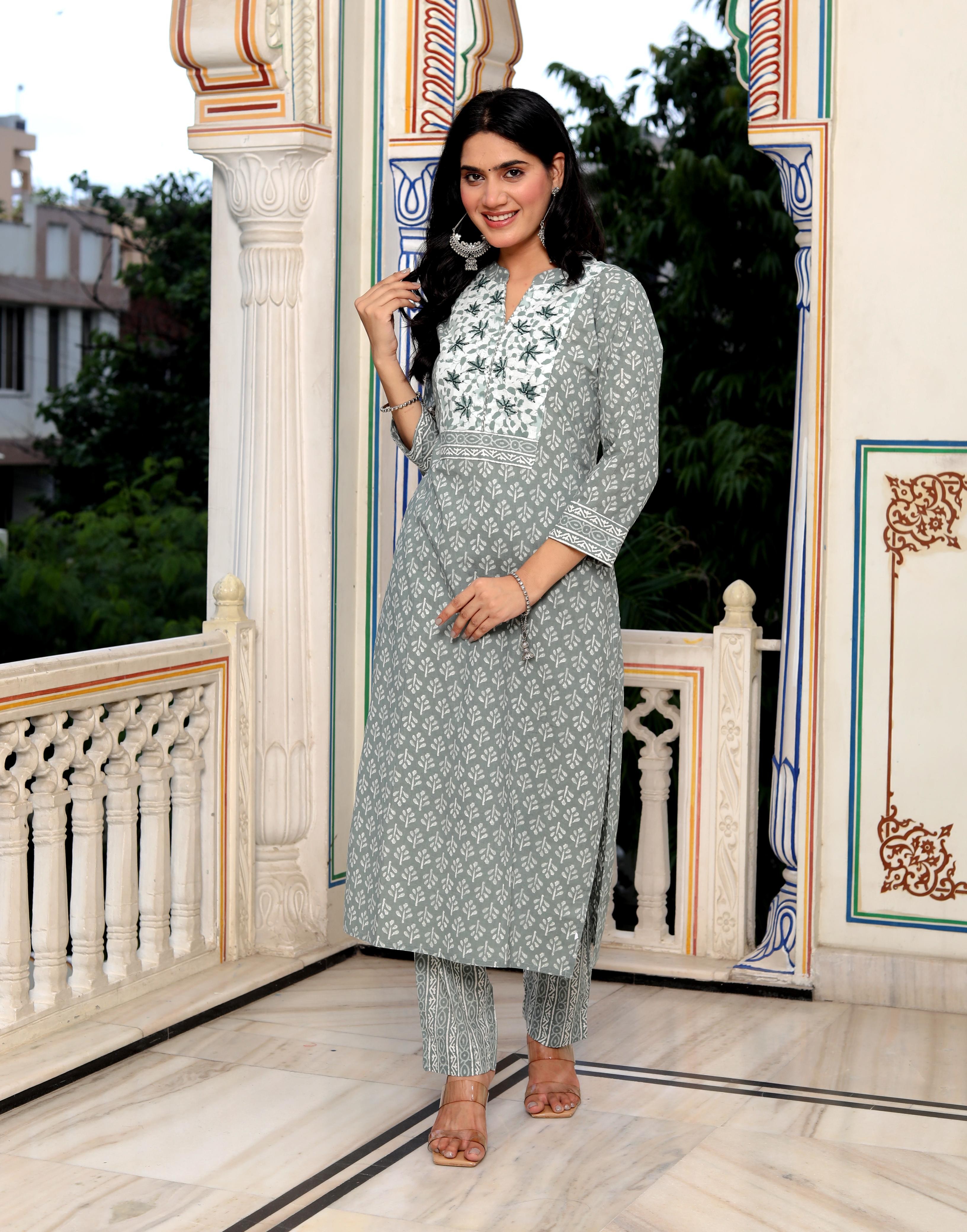 Dark Green Geometric Block Print kurti Pant And Dupatta Set