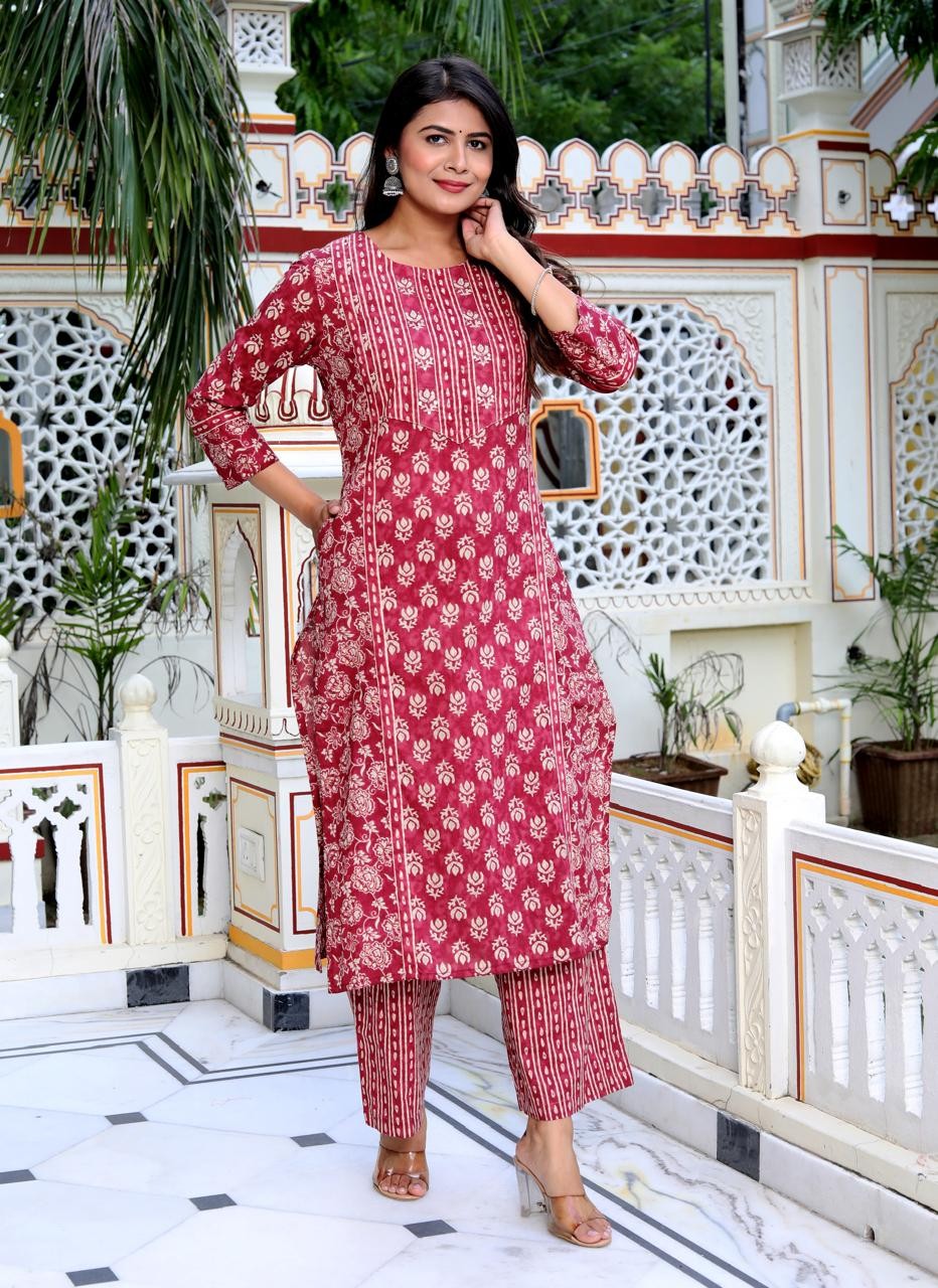 Elegant Printed Red  Kurti Palazo and Dupatta set