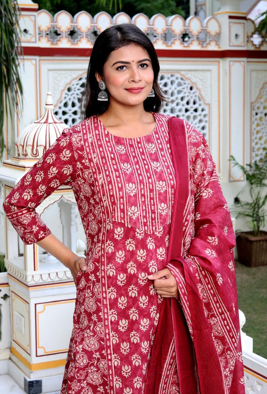 Elegant Printed Red  Kurti Palazo and Dupatta set