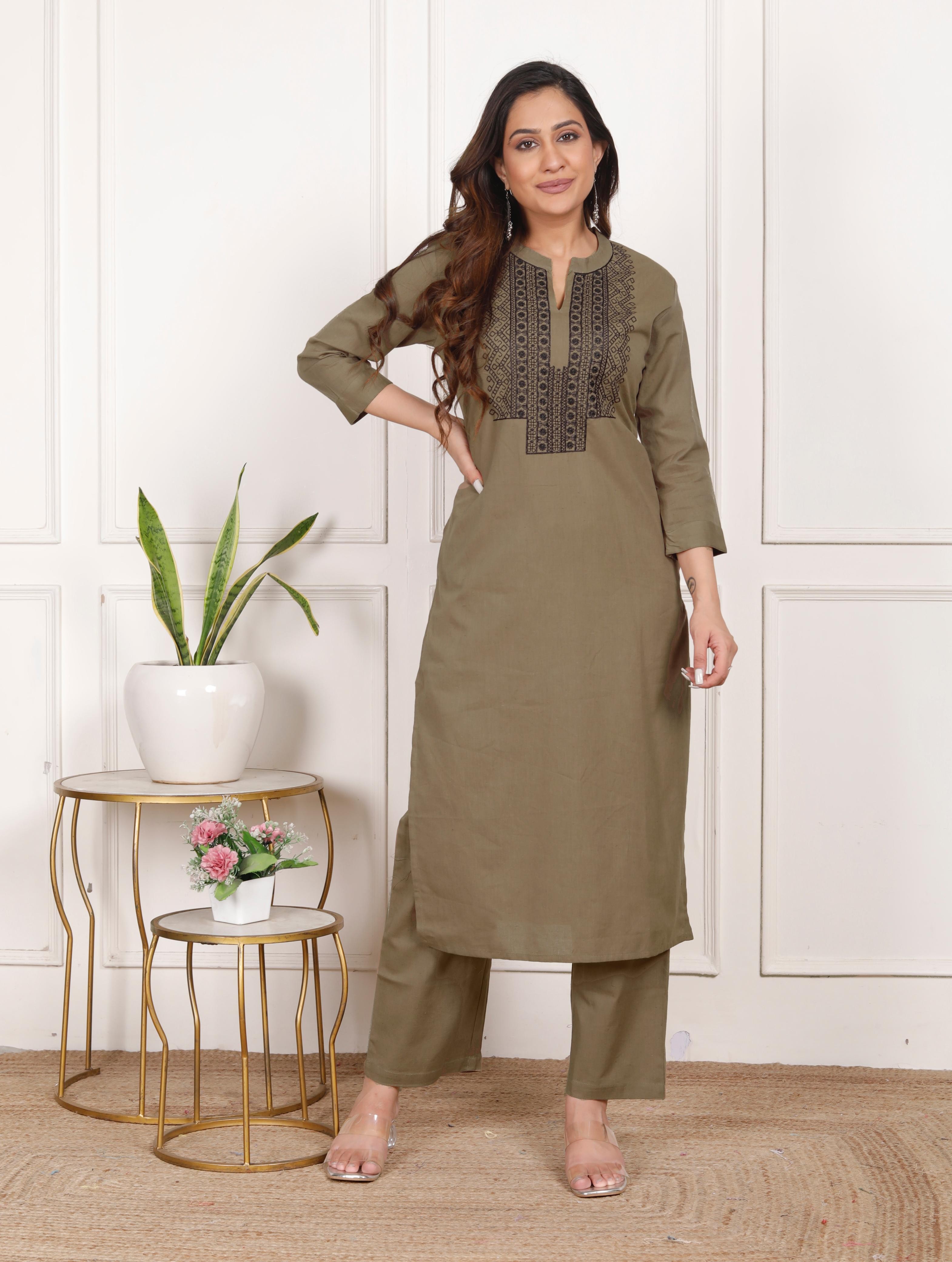 Cotton Flex Embroidered Kurta Pant Set - Brown