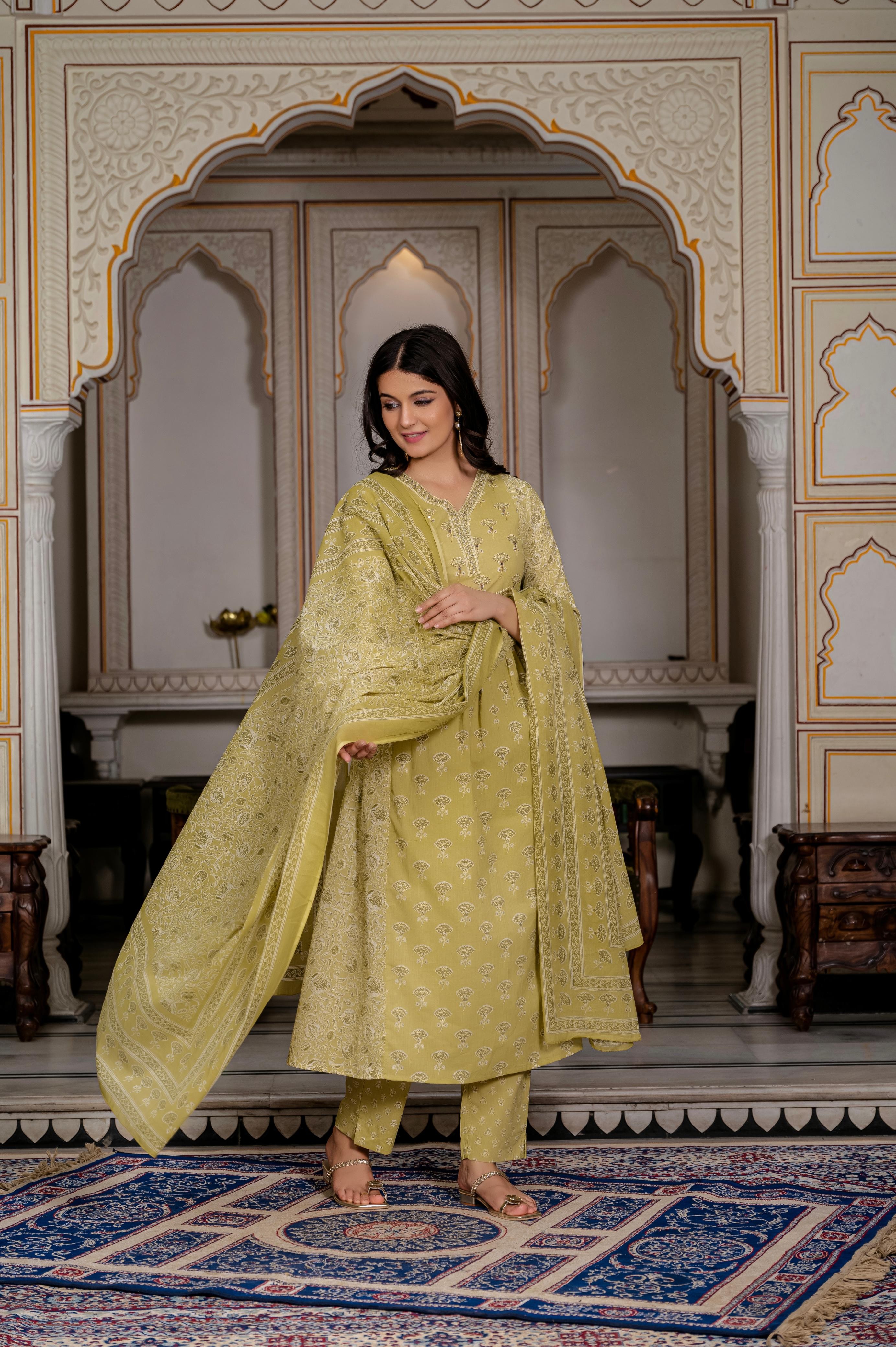 Yellow Floral Cotton Kurti Set – Latest Collection