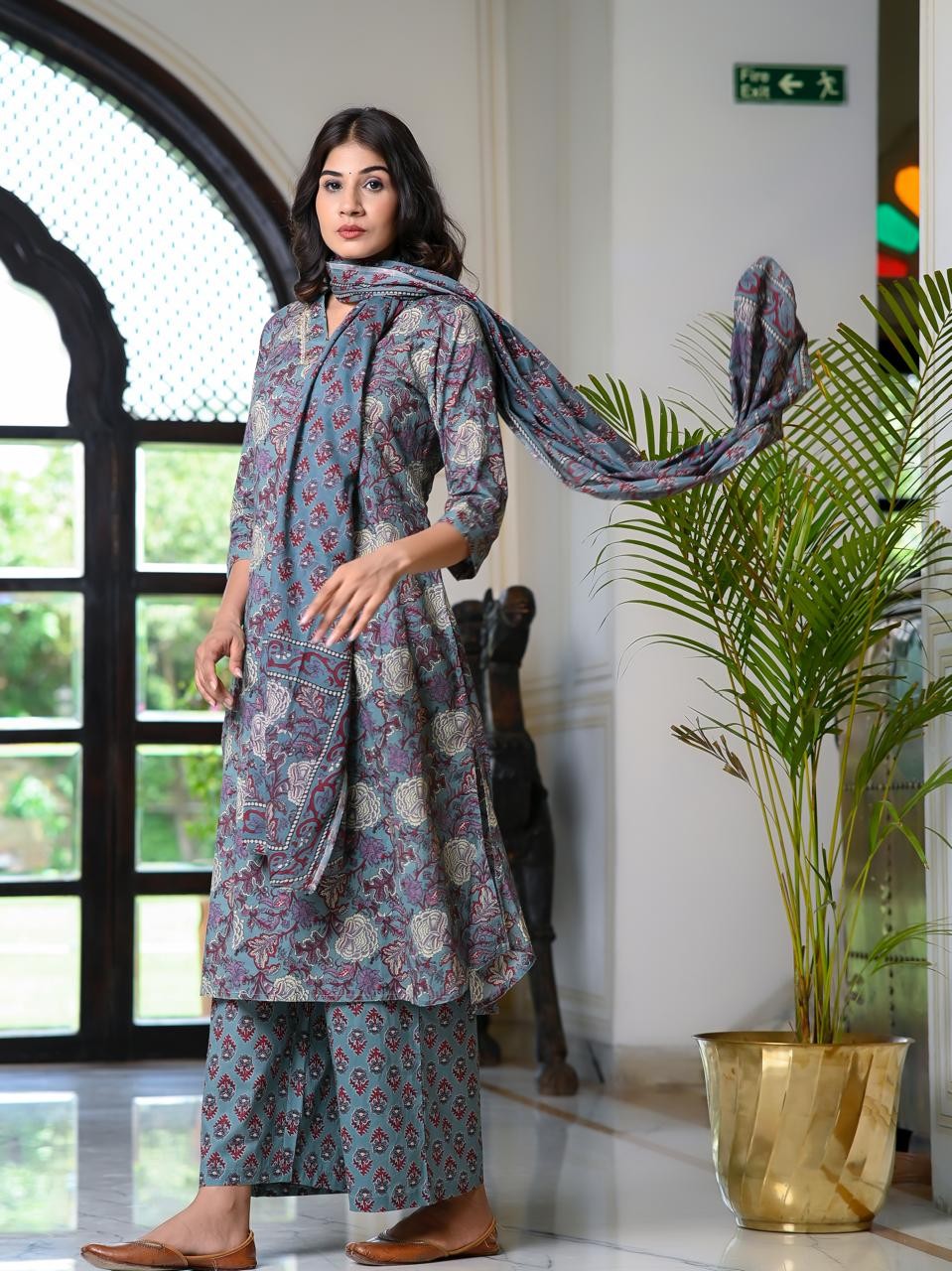 New Floral Printed Cotton Kurta Plazo with Duptta