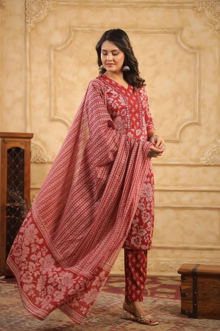 Latest Red Color With A Floral Print Kurti Pant And Dupatta Set