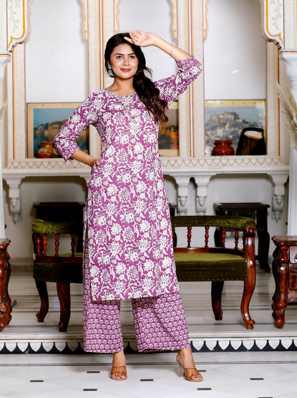 White floral print with purple kurti Palzo And Dupatta set