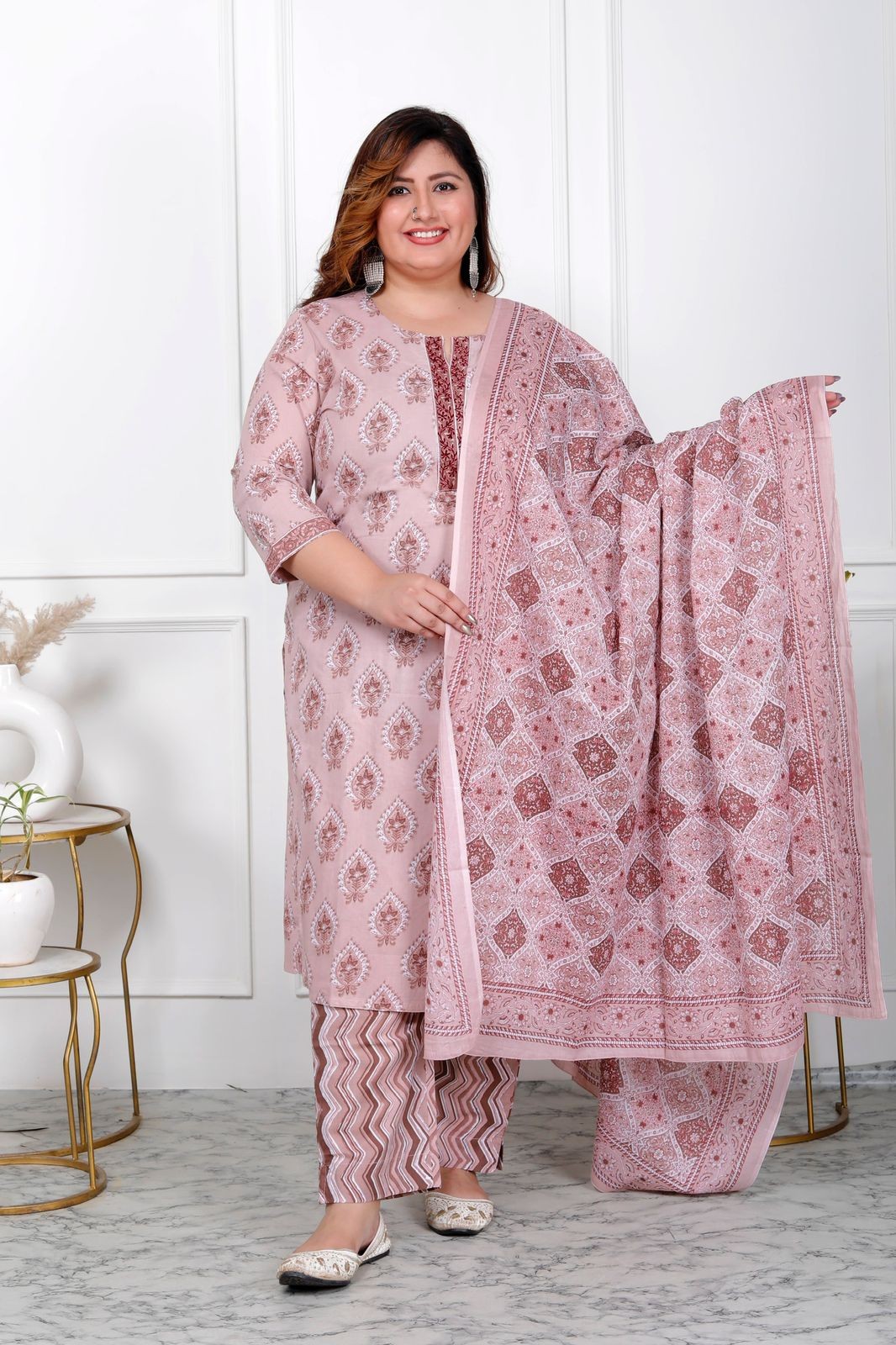 Pink With Marron  Kurti Pant And Dupatta Set