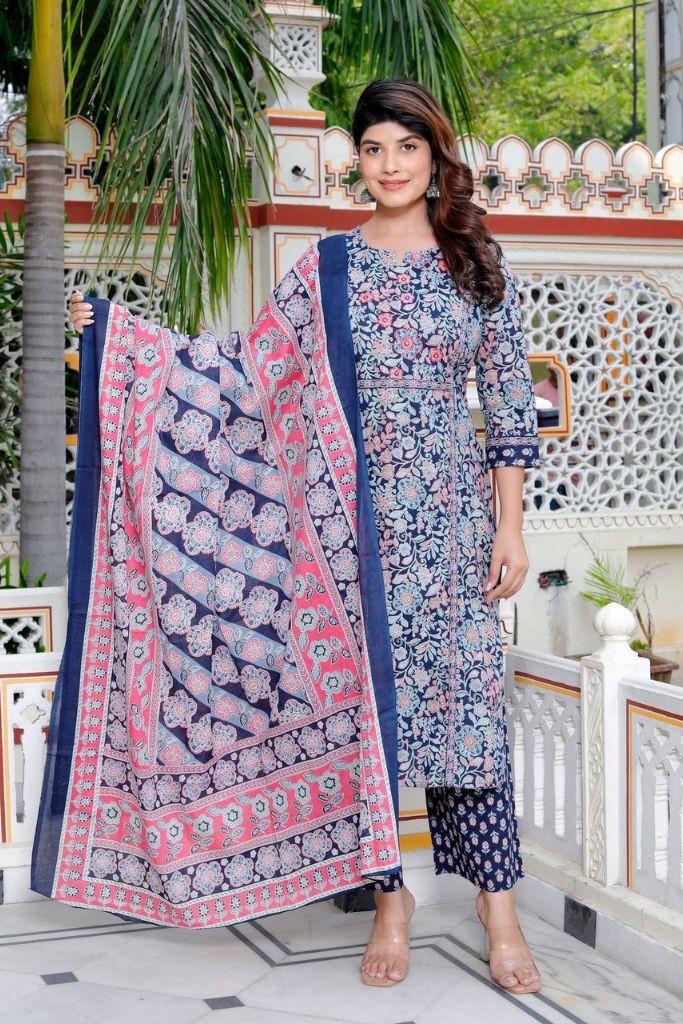Blue With White Printed Kurta Palzo Dupatta Set