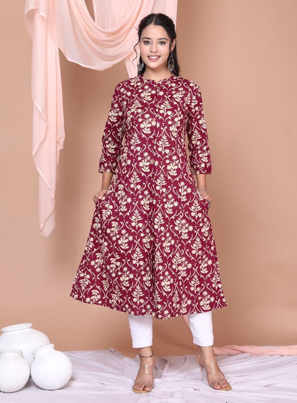 New Floral Print Maroon A Line Kurta