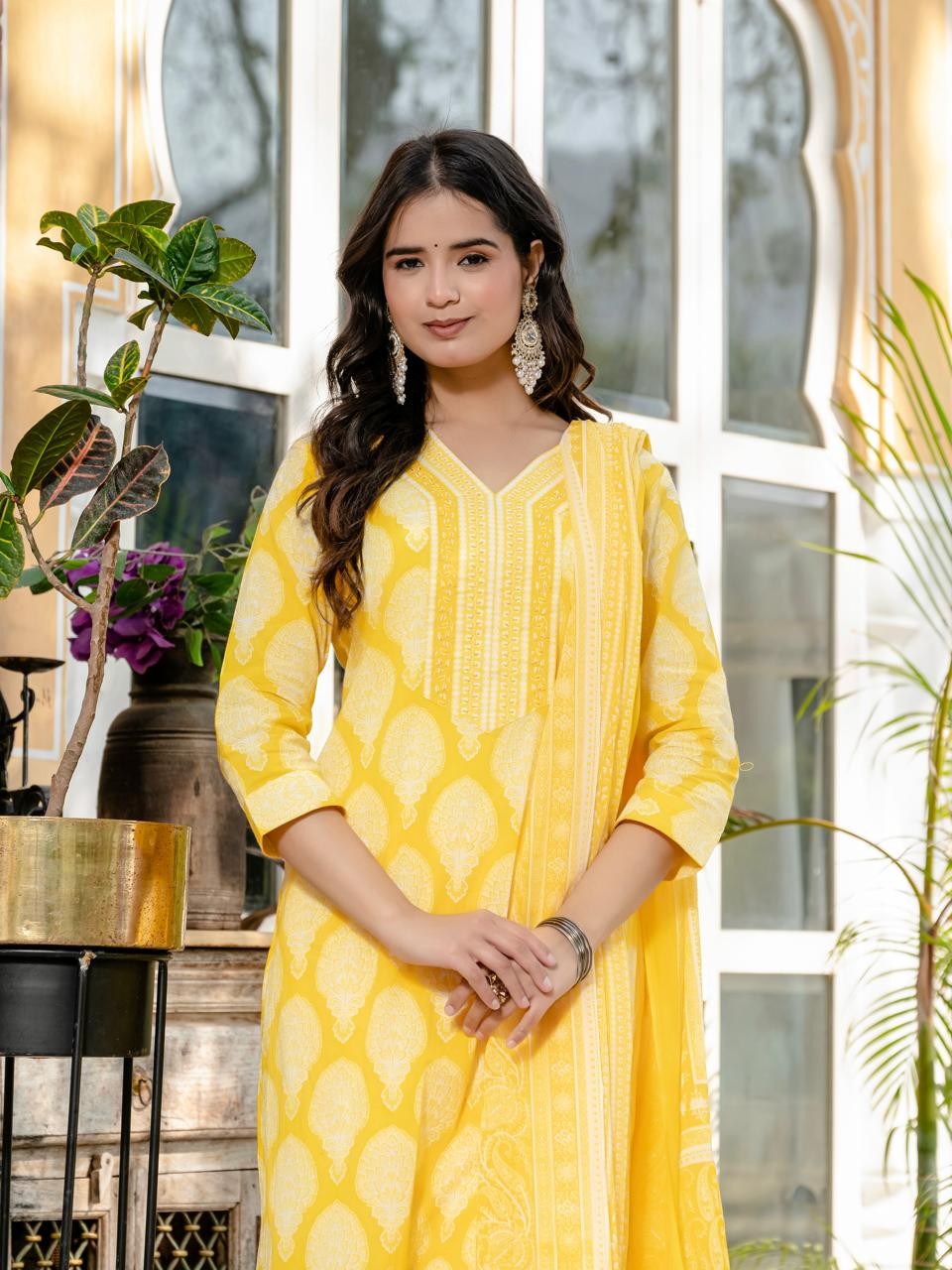 Woman Yellow Kurti Pant And Dupatta Set