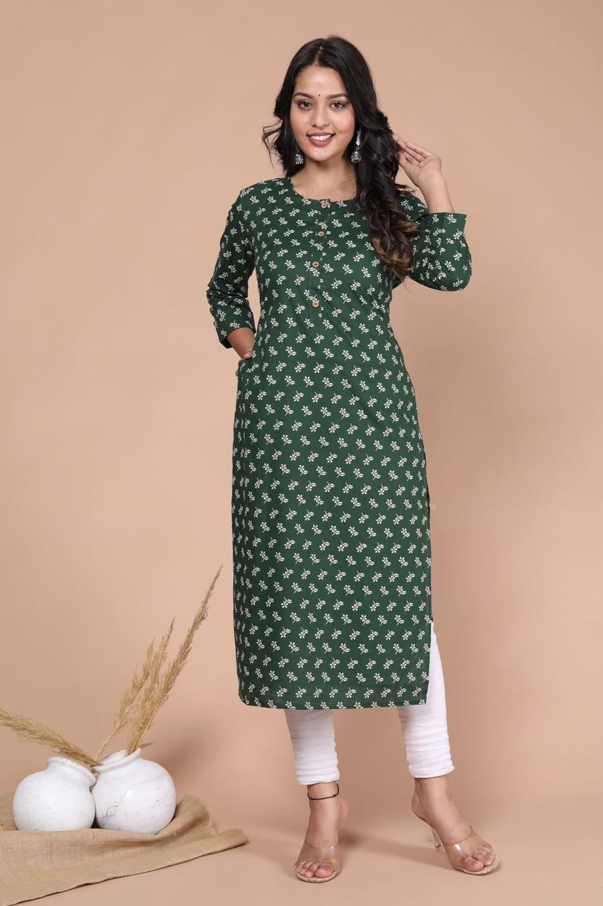 Women Printed Green Straight Kurta