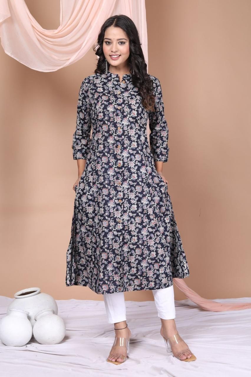 Woman Dark Blue color with floral print A Line Kurta