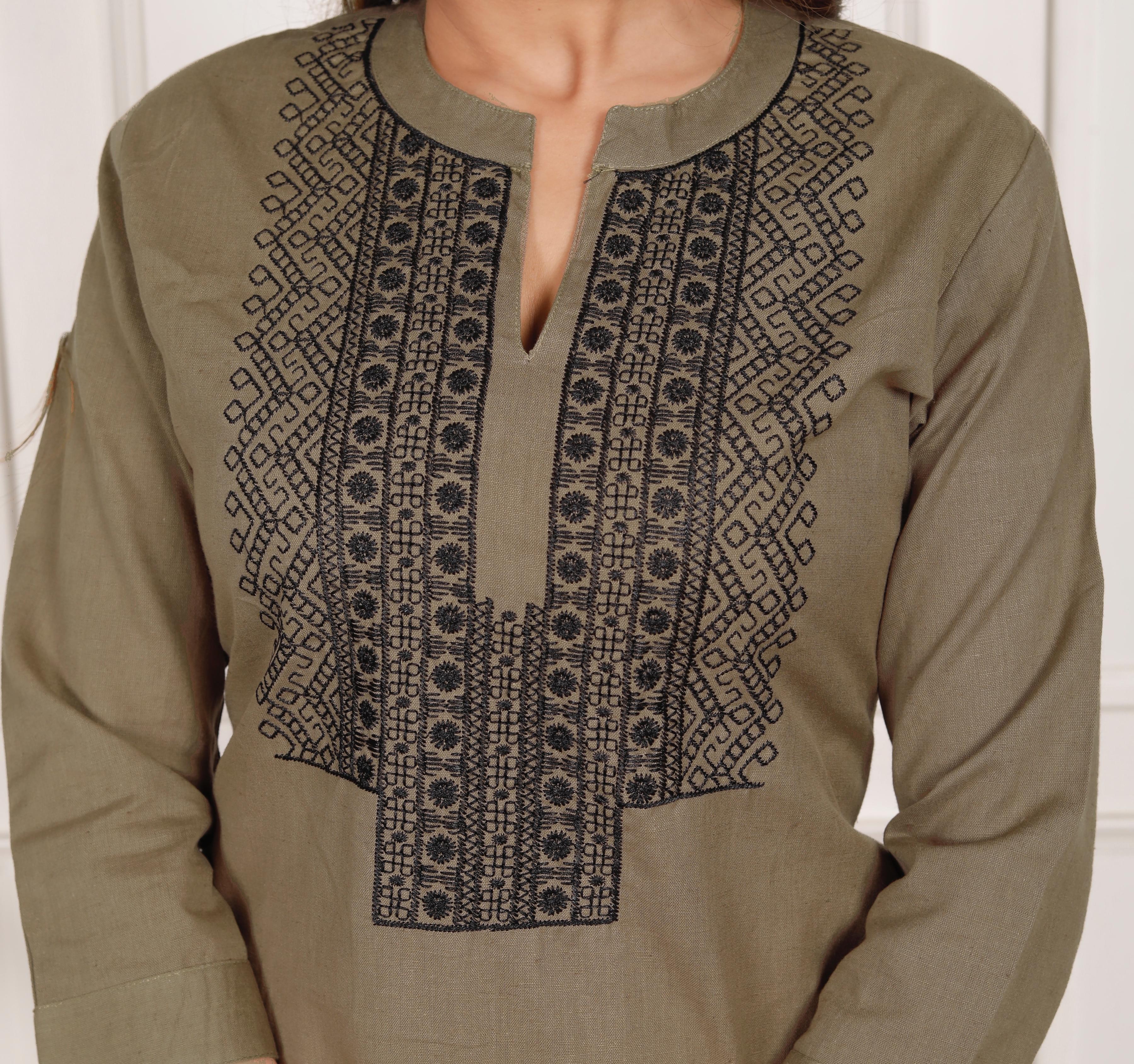 Cotton Flex Embroidered Kurta Pant Set - Brown