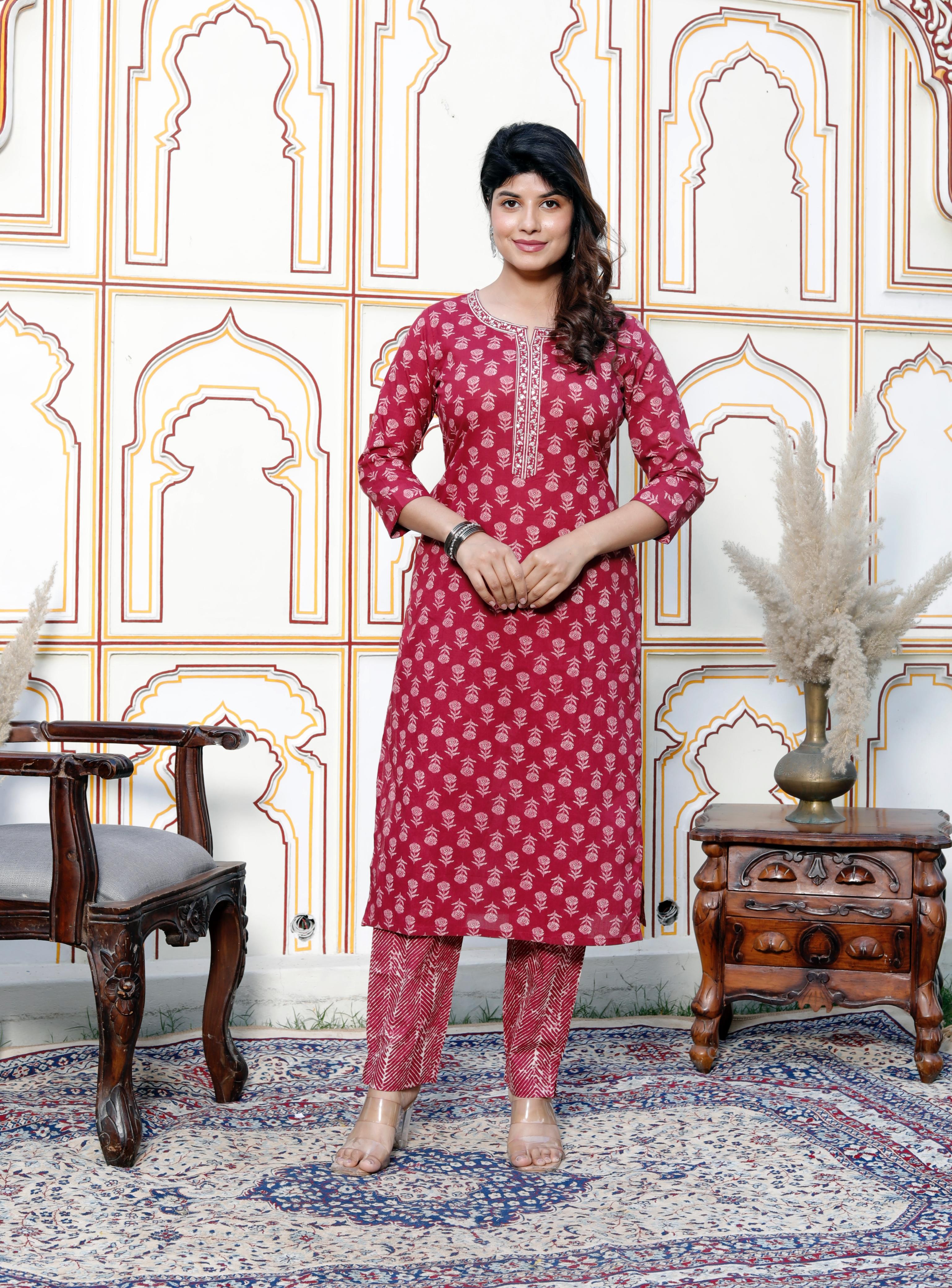 Maroon Floral Print Cotton Suit – Elegant & Comfortable