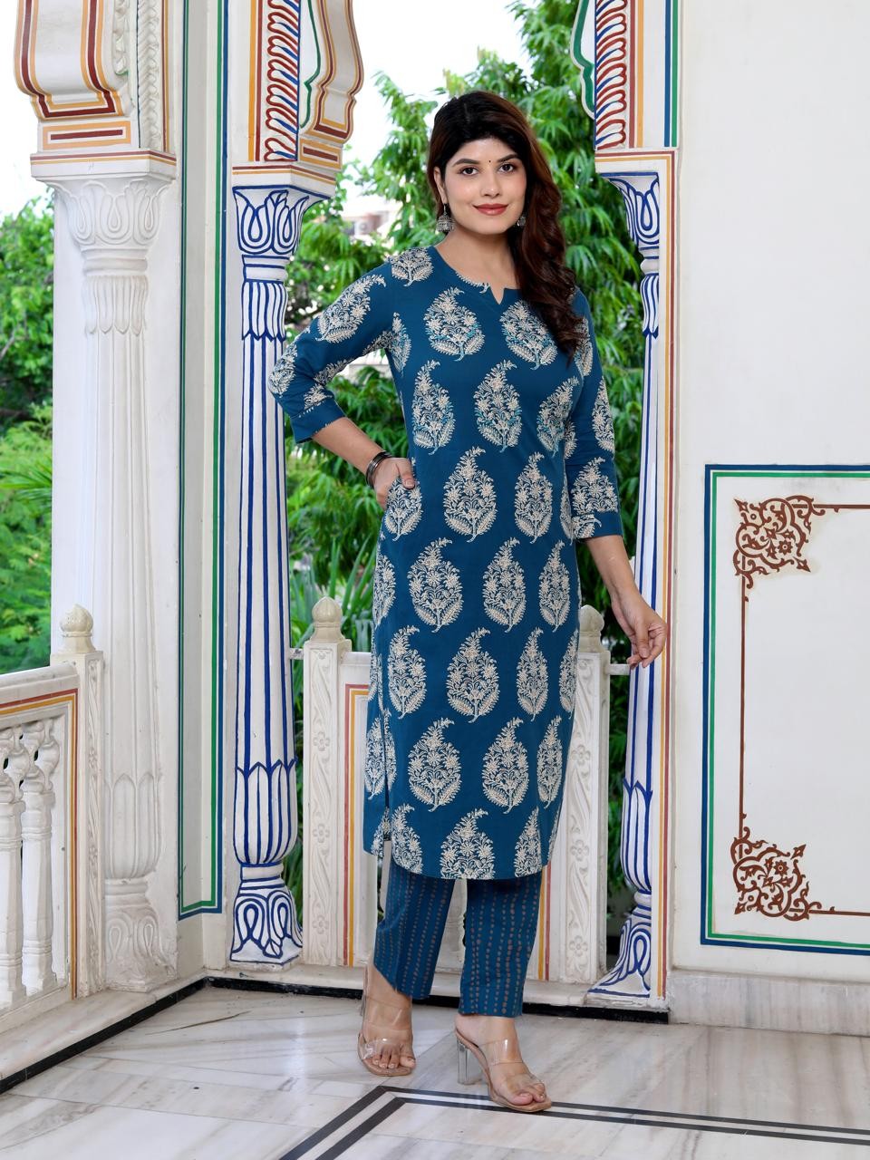 Blue Floral Print Straight Kurta Pant Dupatta Set