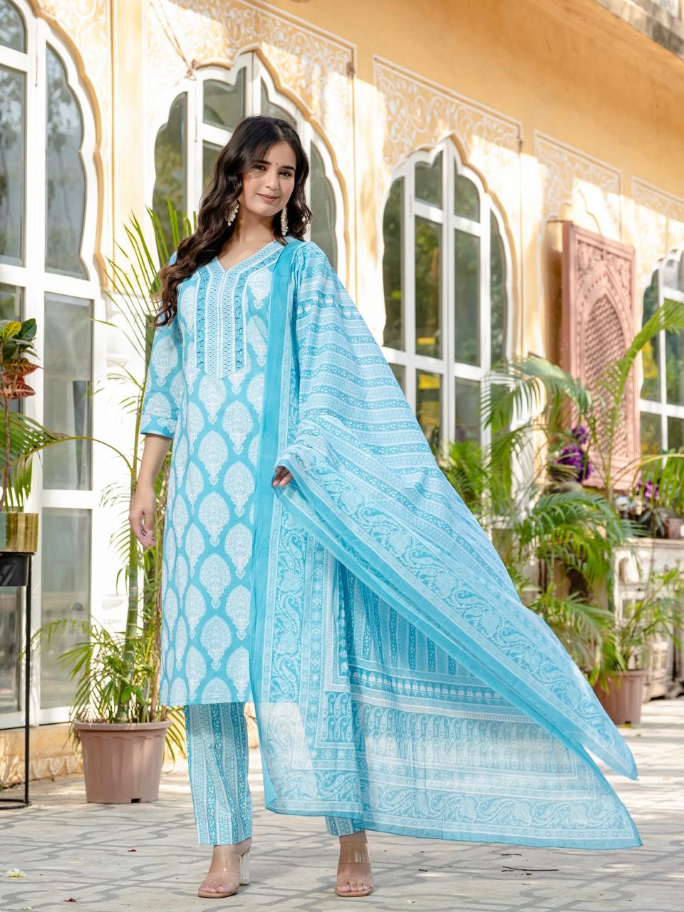 Sky Blue Gamthi Print Kurti Pant And Dupatta Set