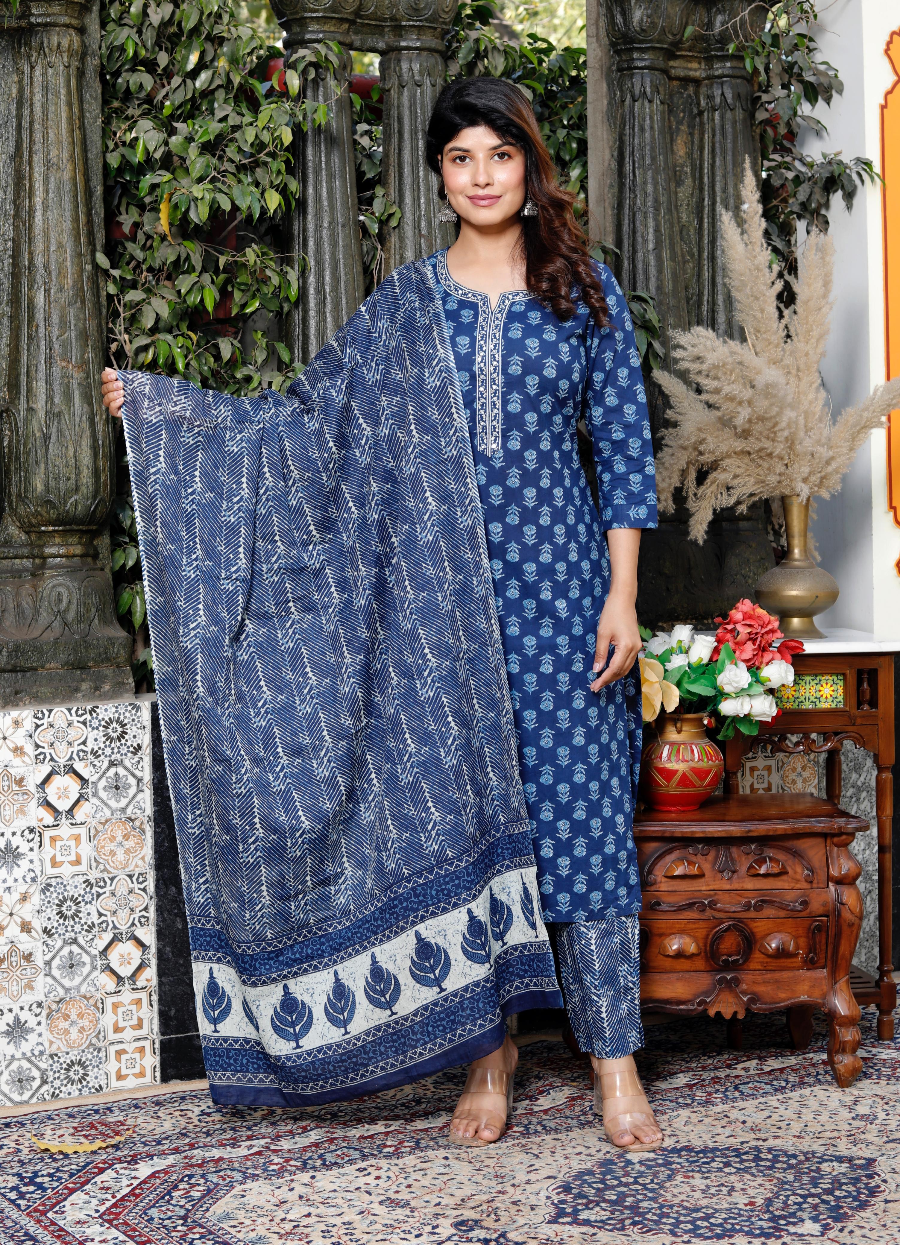 Elegant Blue Floral Print Cotton Suit – Comfortable & Chic