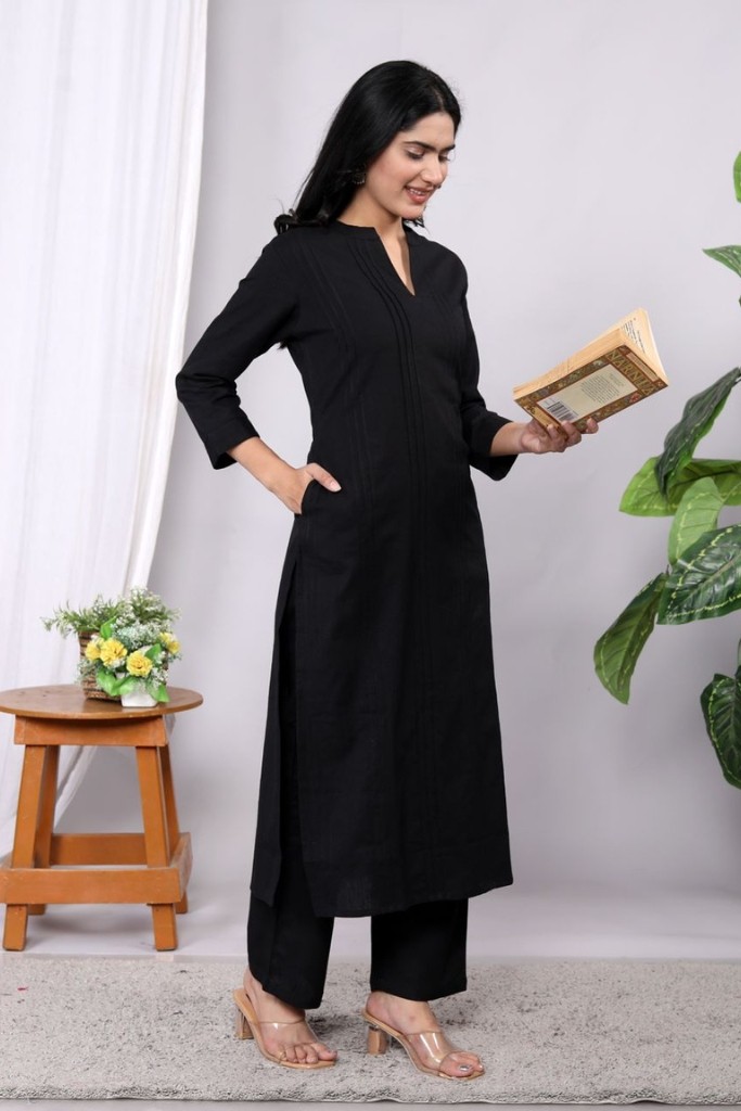Black Kurta Pant Set (Flax Cotton Linen)