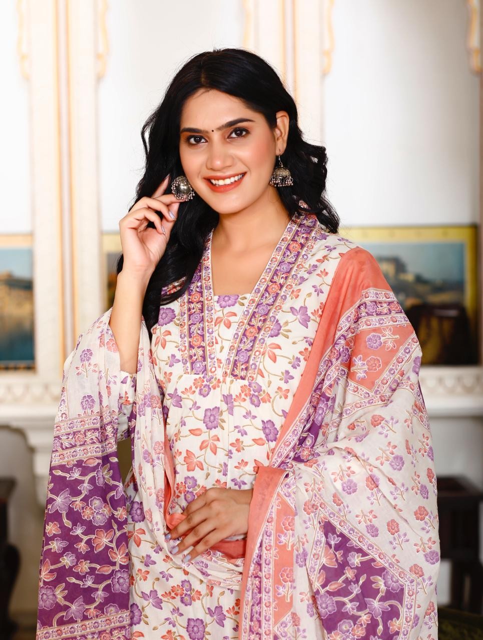 Peach And Purple Floral Print kurti Pant Dupatta Set