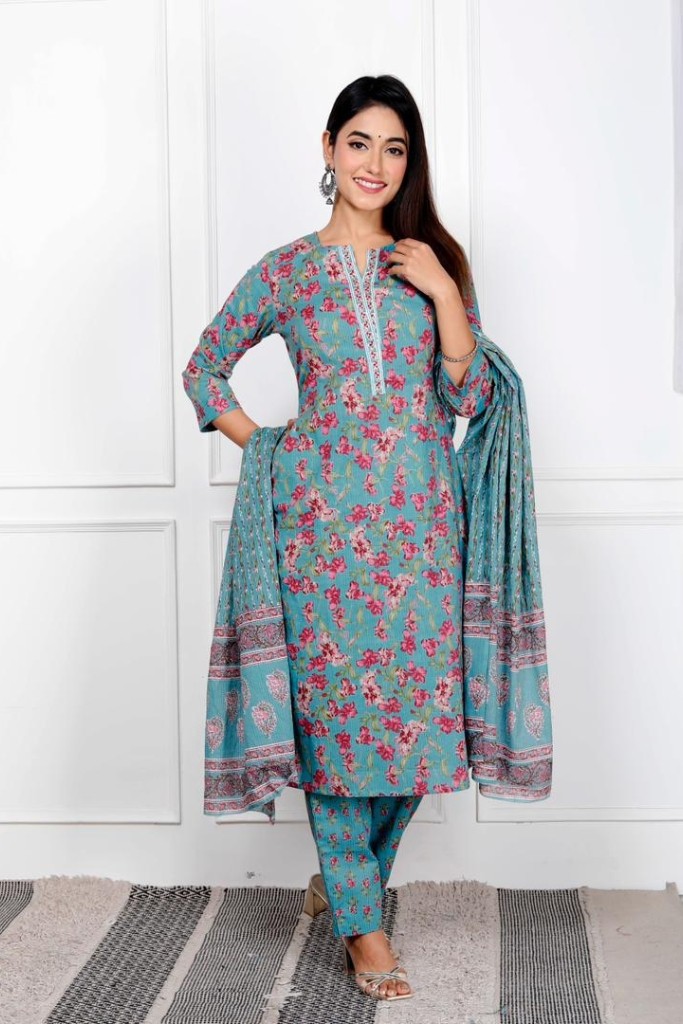 Green With Pink Floral-print-Kurta Pant Dupatta Set