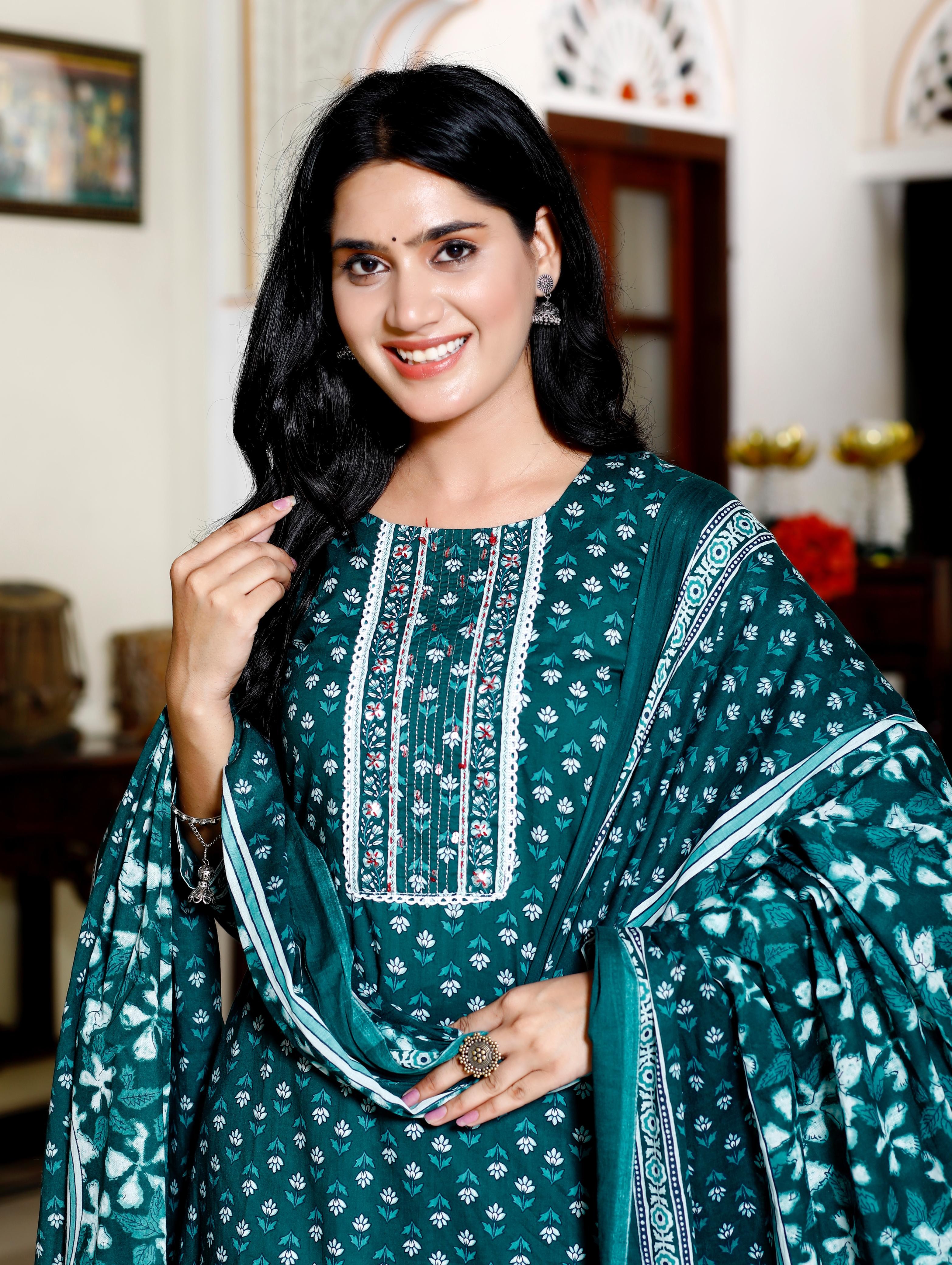 Bottle Green Hand Block Printed Cotton Suit Set